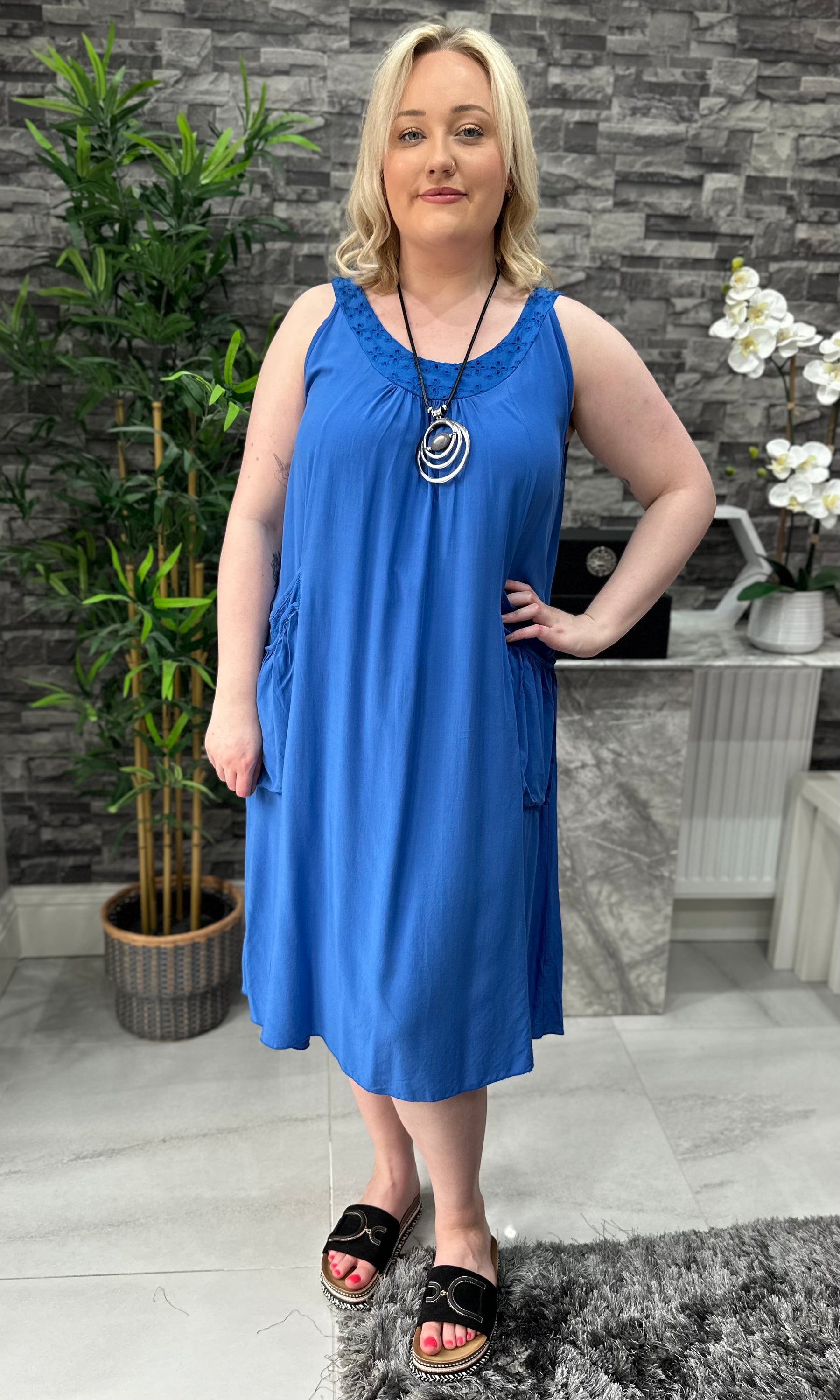 Made In Italy Hannah Crotchet Detail Pocket Dress - Royal Blue