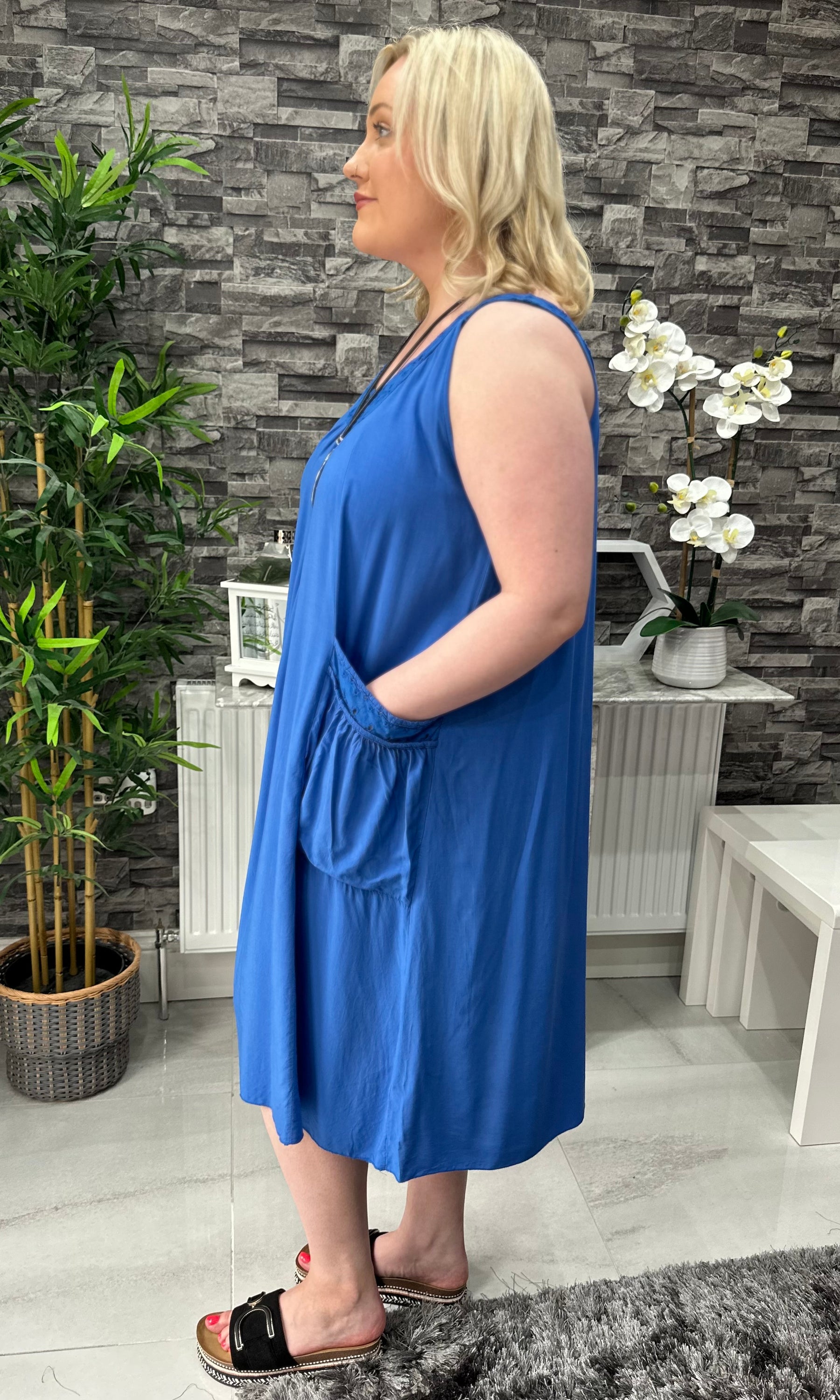 Made In Italy Hannah Crotchet Detail Pocket Dress - Royal Blue