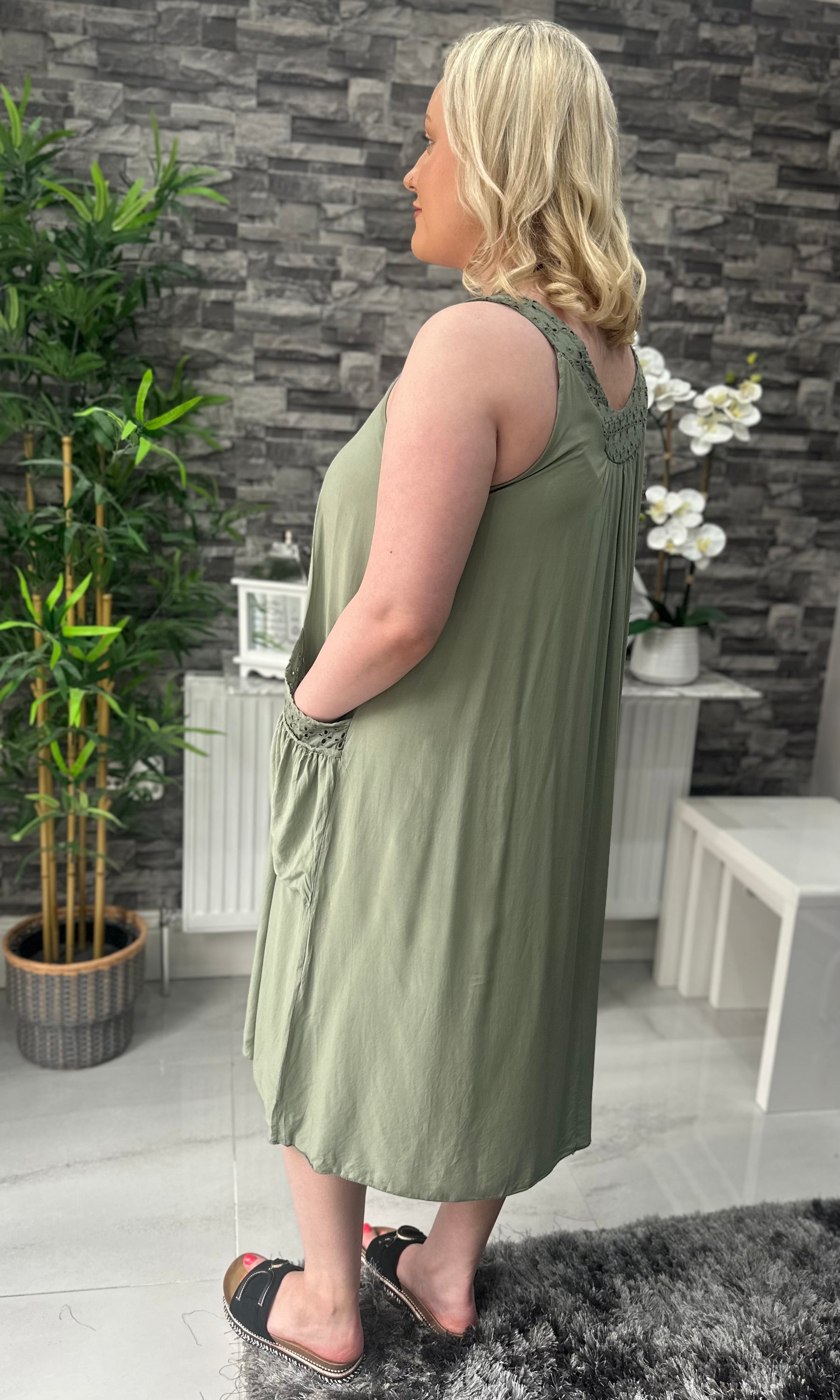 Made In Italy Hannah Crotchet Detail Pocket Dress - Khaki Green