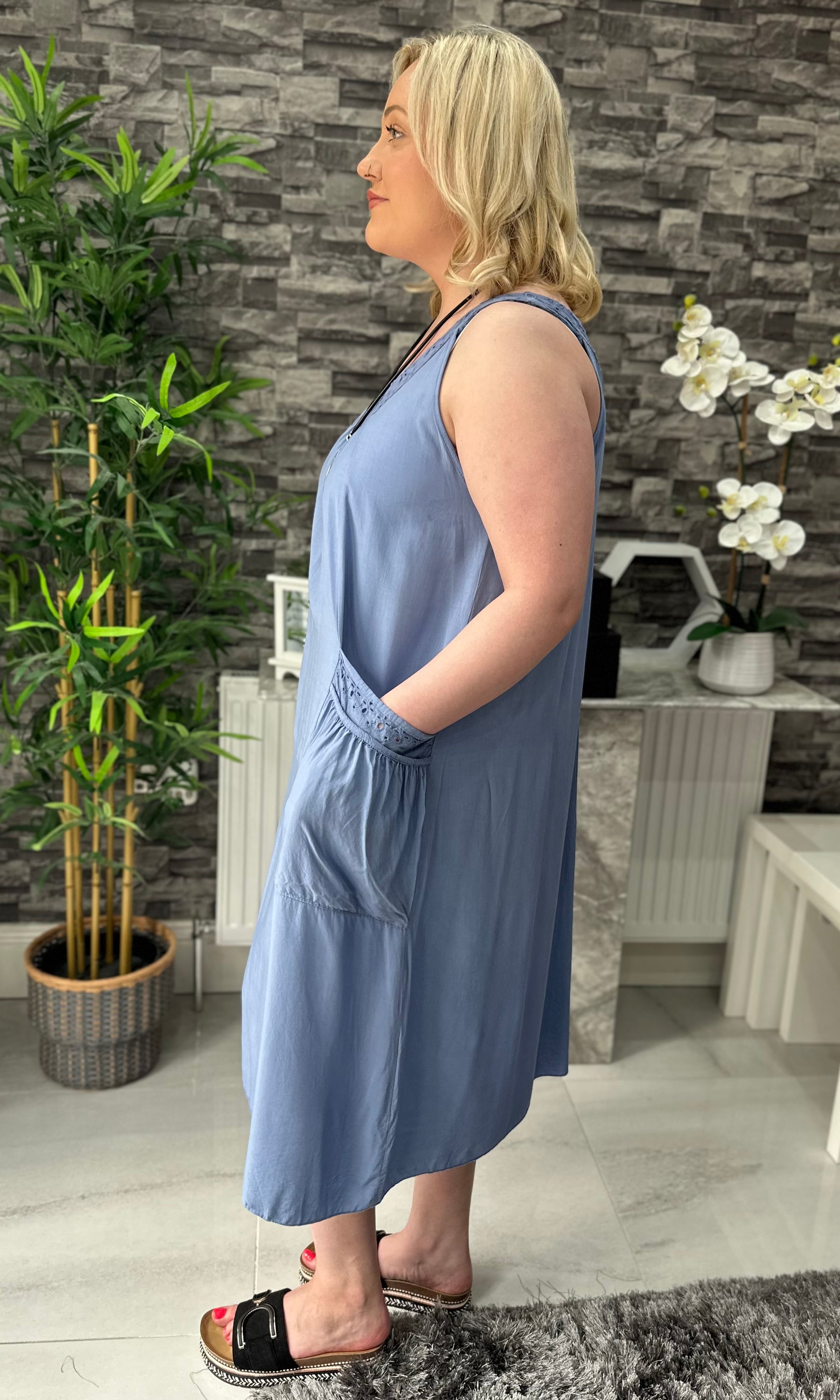 Made In Italy Hannah Crotchet Detail Pocket Dress - Denim Blue