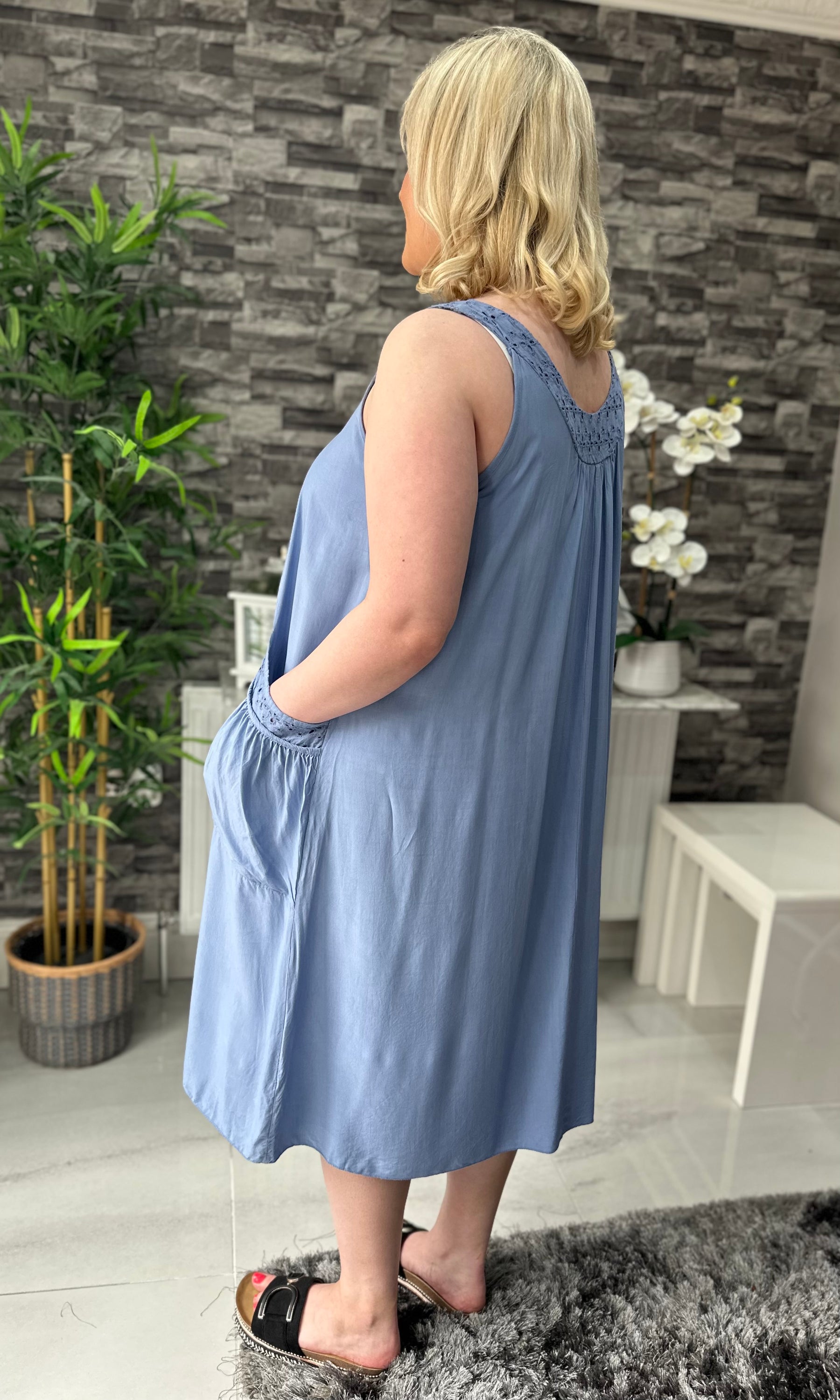Made In Italy Hannah Crotchet Detail Pocket Dress - Denim Blue