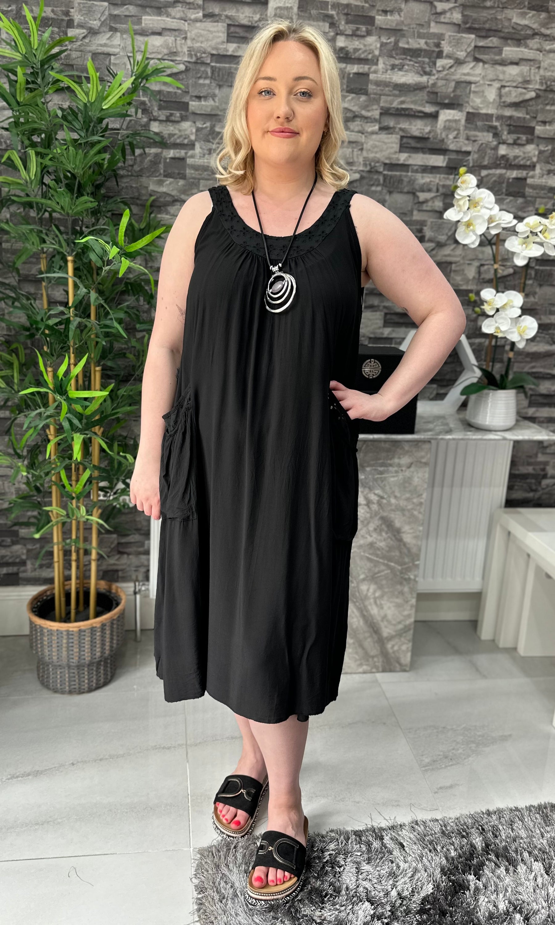 Made In Italy Hannah Crotchet Detail Pocket Dress - Black