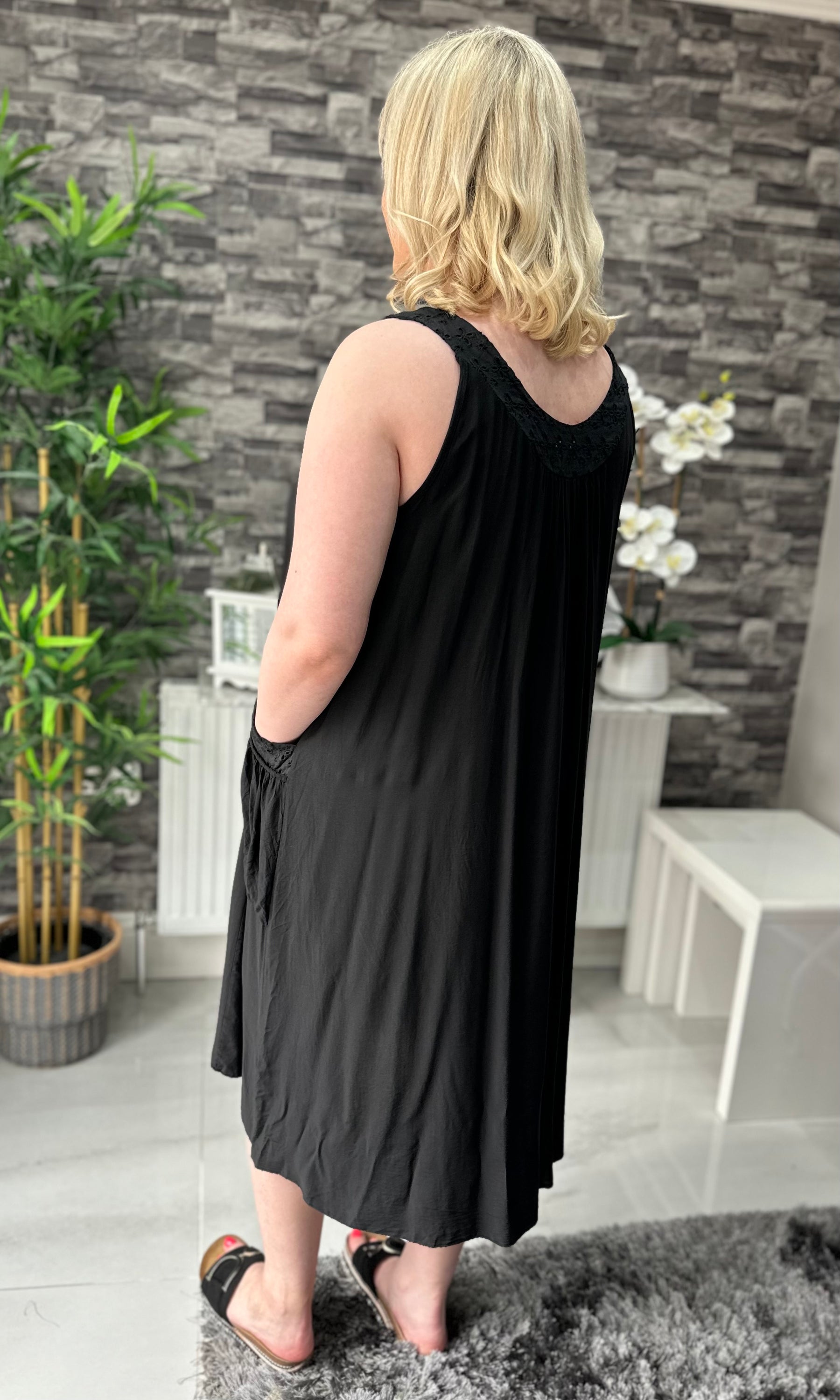 Made In Italy Hannah Crotchet Detail Pocket Dress - Black