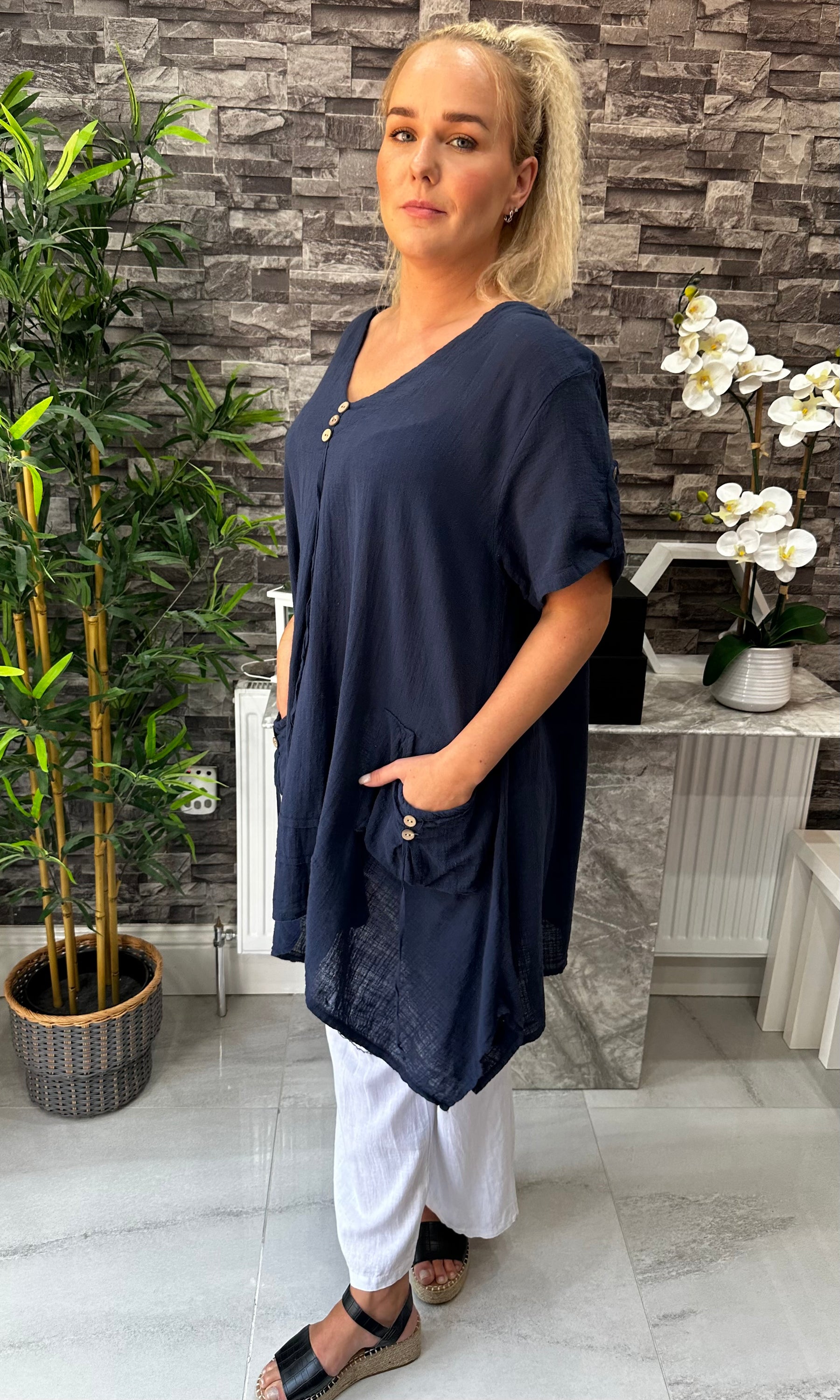 Made In Italy Tivoli Linen Pocket Tunic Top - Navy Blue
