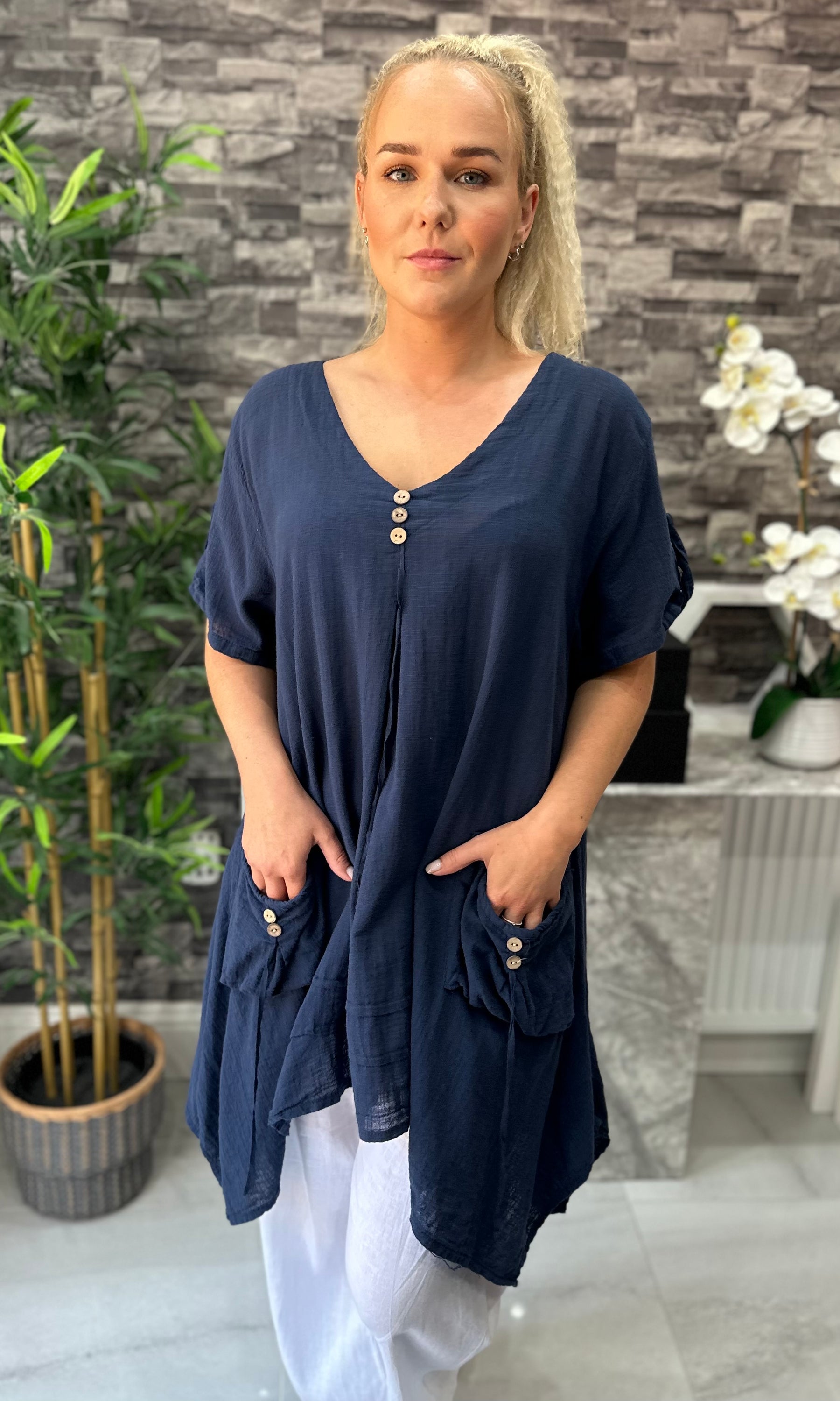 Made In Italy Tivoli Linen Pocket Tunic Top - Navy Blue