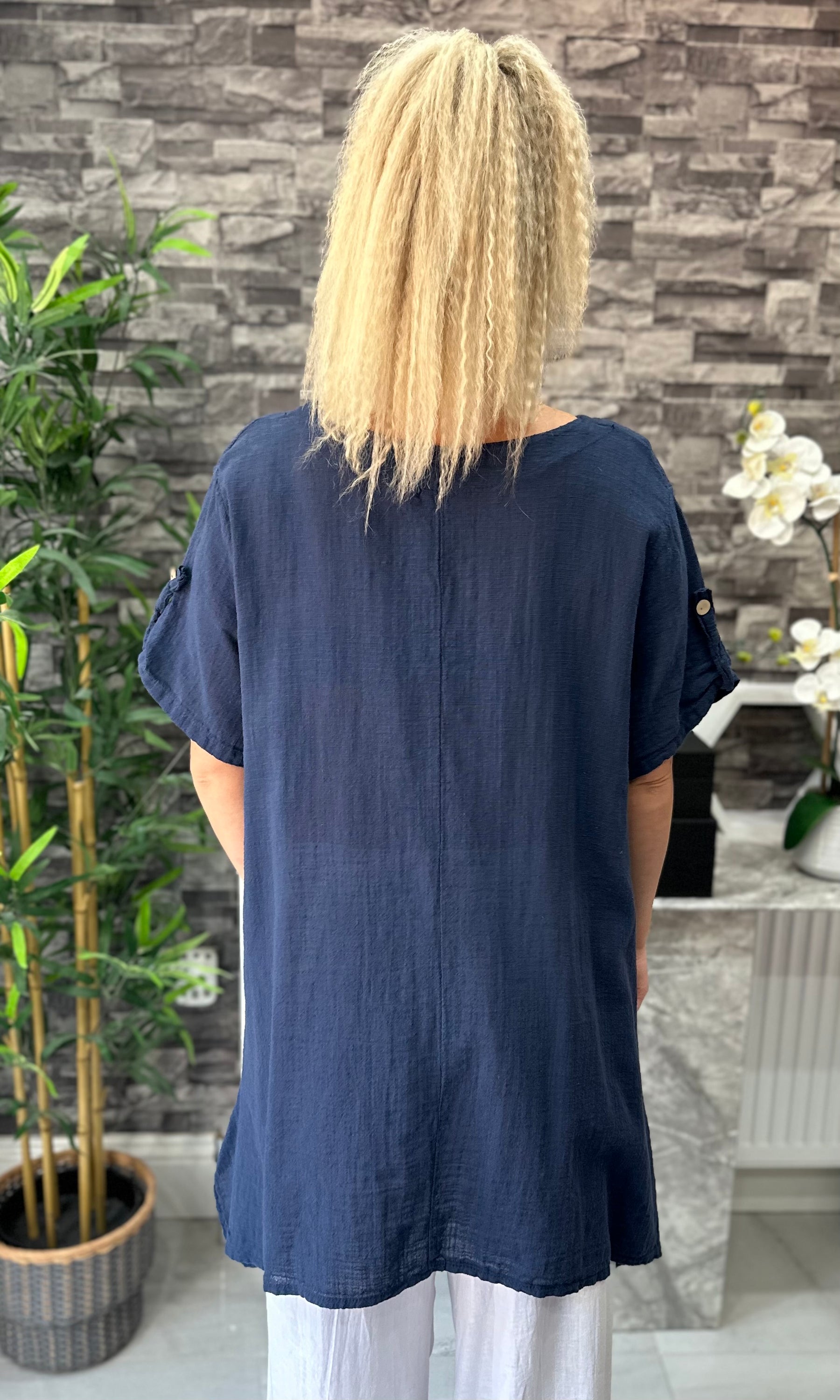 Made In Italy Tivoli Linen Pocket Tunic Top - Navy Blue