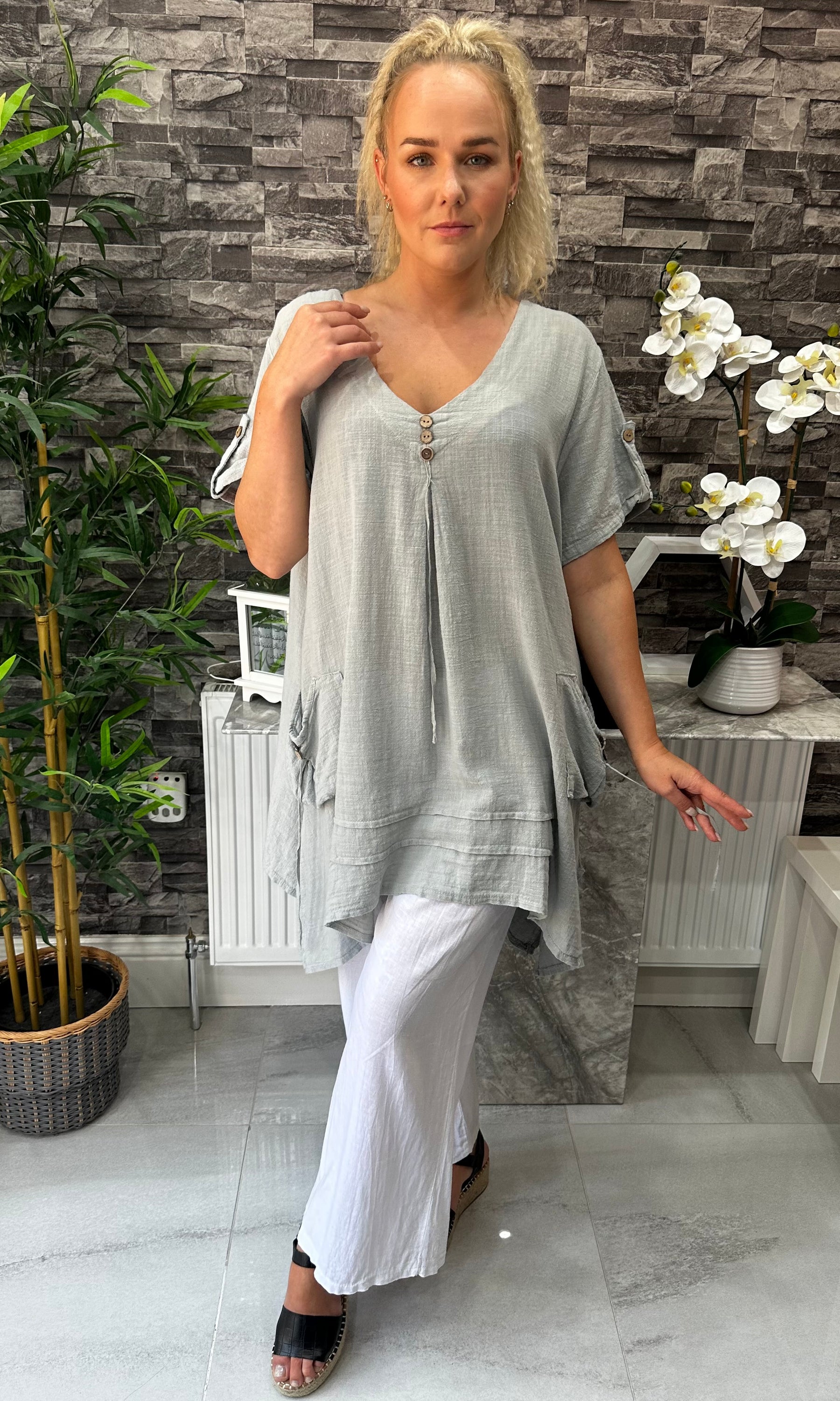 Made In Italy Tivoli Linen Pocket Tunic Top - Light Grey