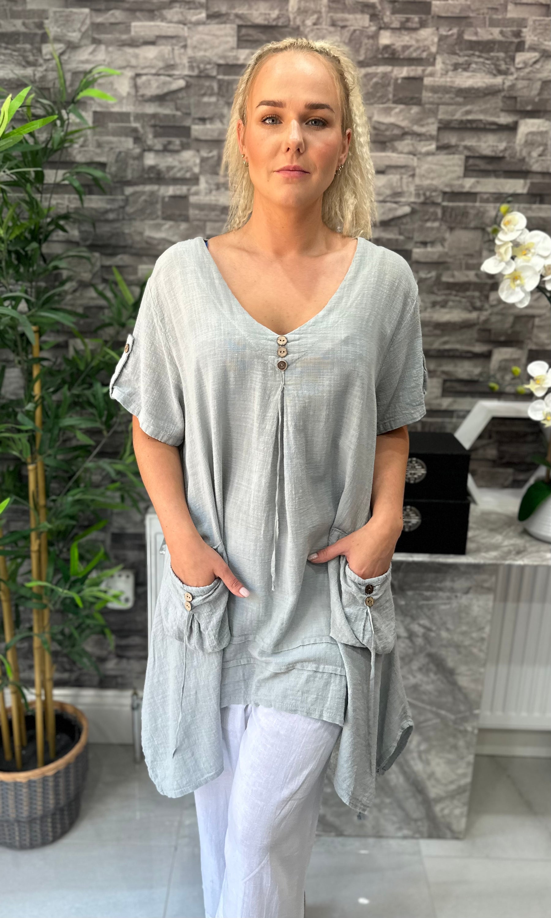 Made In Italy Tivoli Linen Pocket Tunic Top - Light Grey