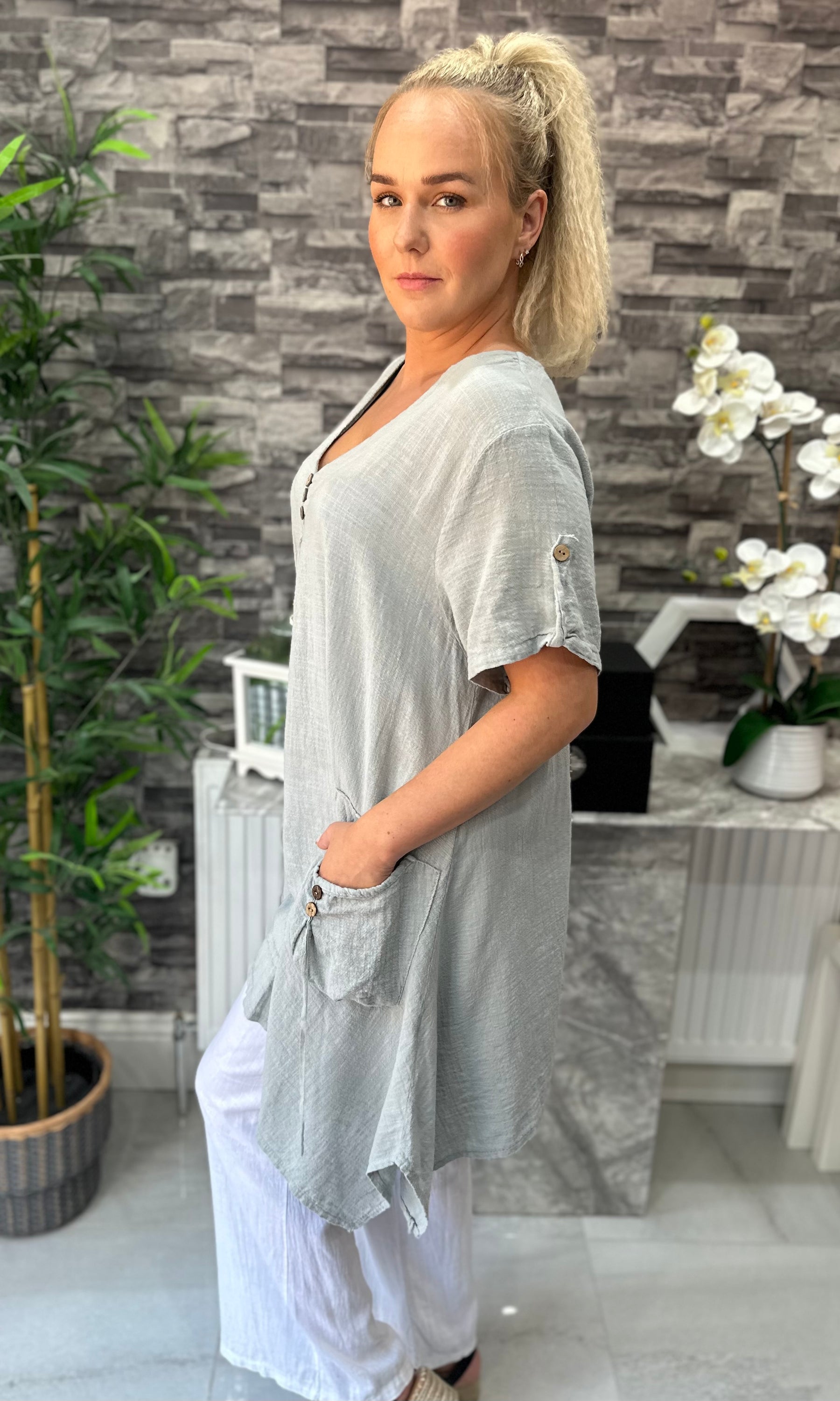 Made In Italy Tivoli Linen Pocket Tunic Top - Light Grey