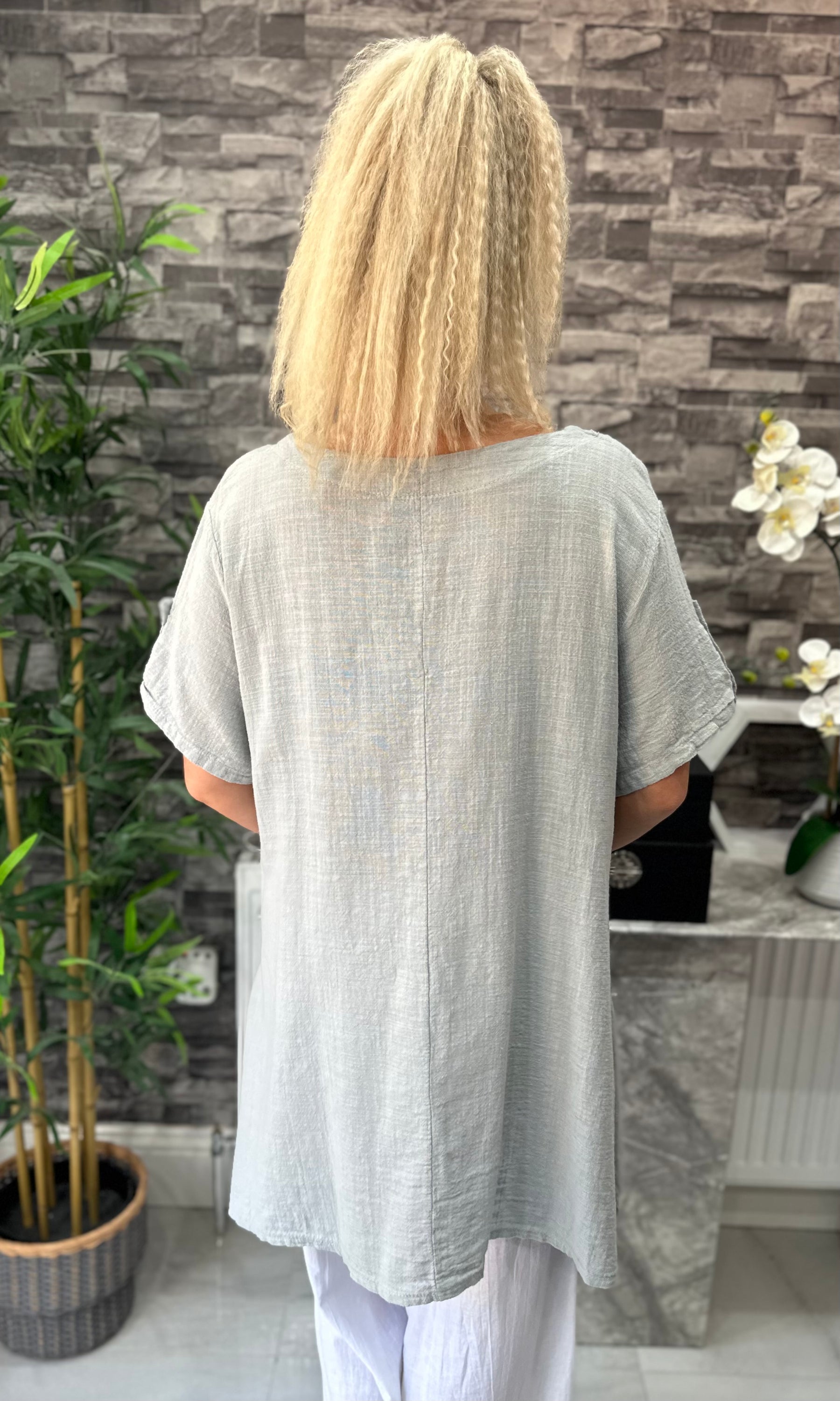 Made In Italy Tivoli Linen Pocket Tunic Top - Light Grey