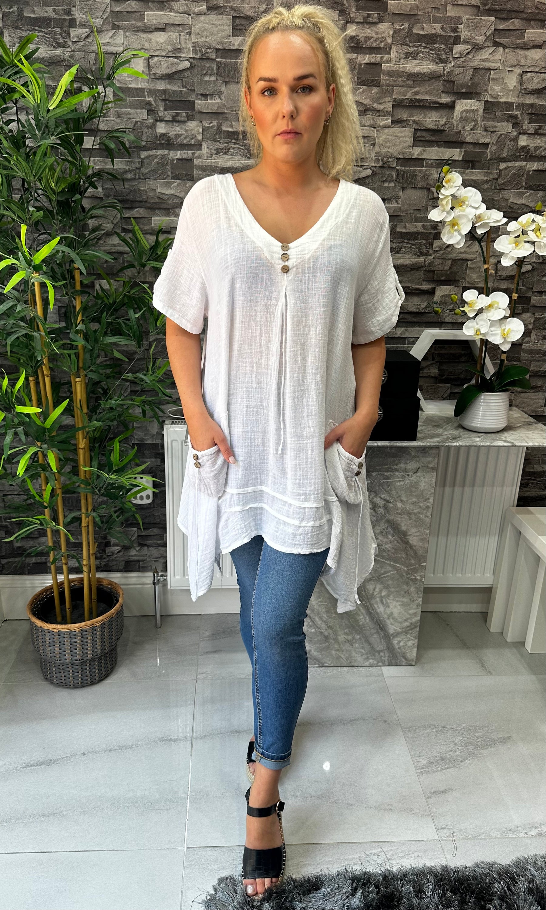 Made In Italy Tivoli Linen Pocket Tunic Top - White
