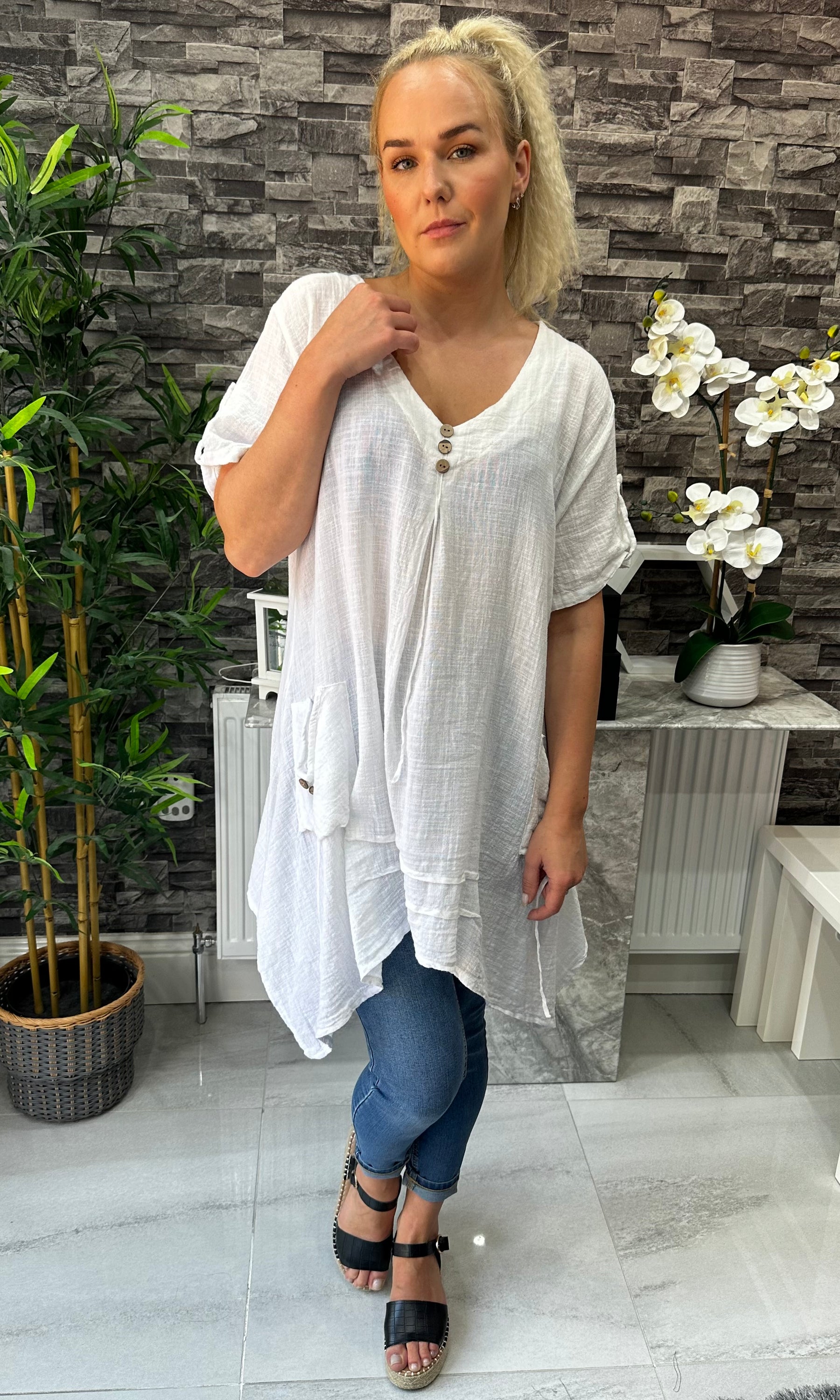 Made In Italy Tivoli Linen Pocket Tunic Top - White