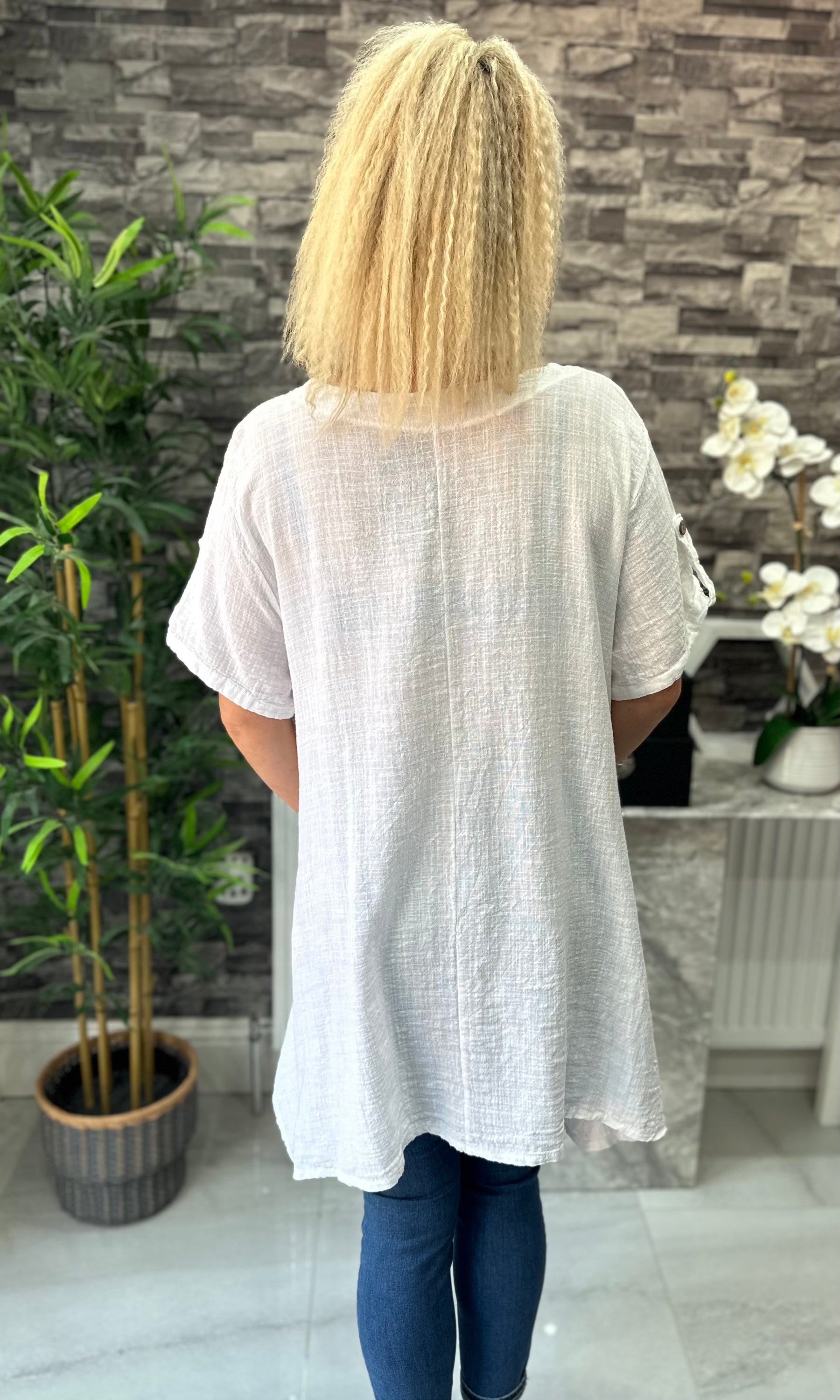 Made In Italy Tivoli Linen Pocket Tunic Top - White