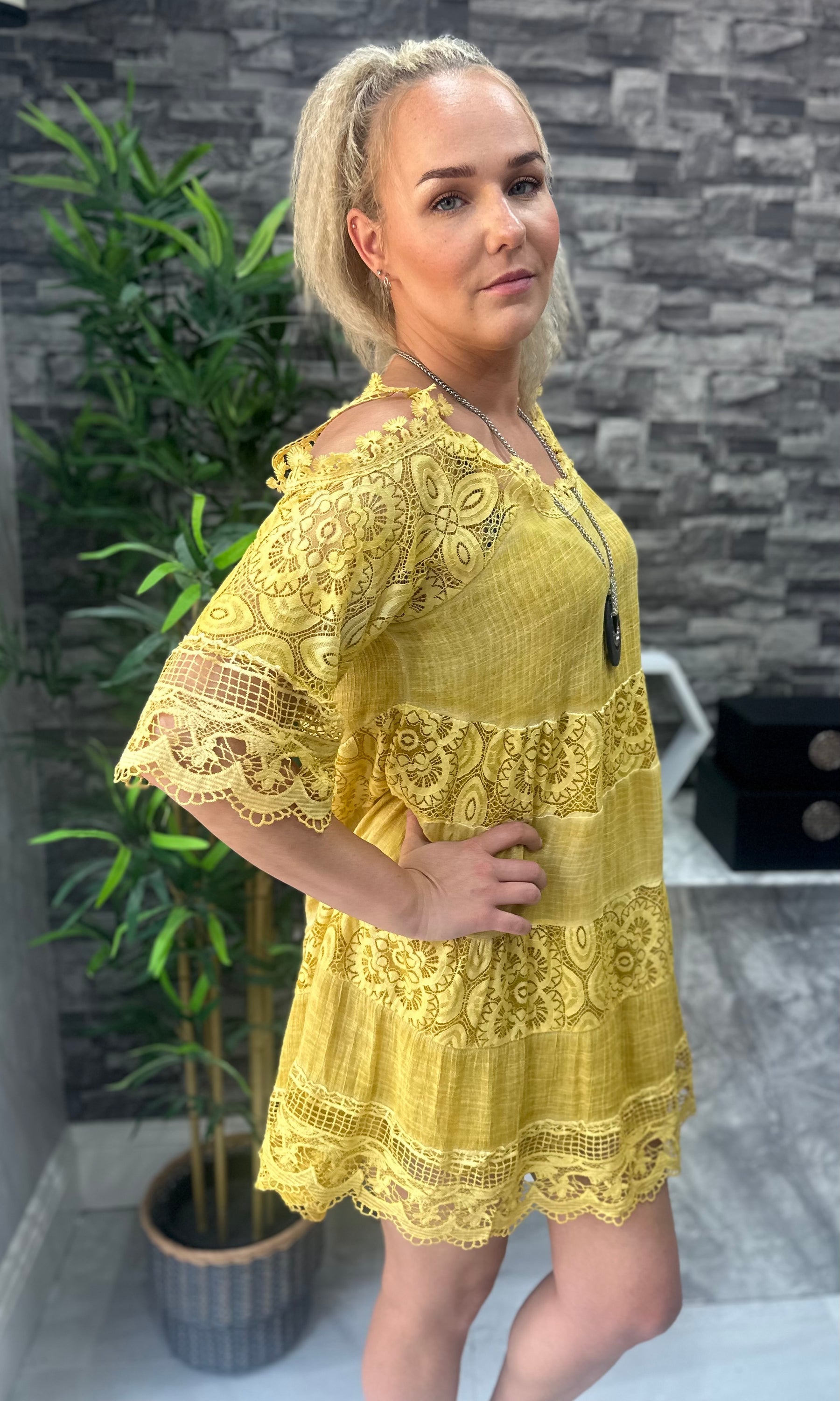 Made In Italy Ella Crotchet Cold Shoulder Tunic - Mustard