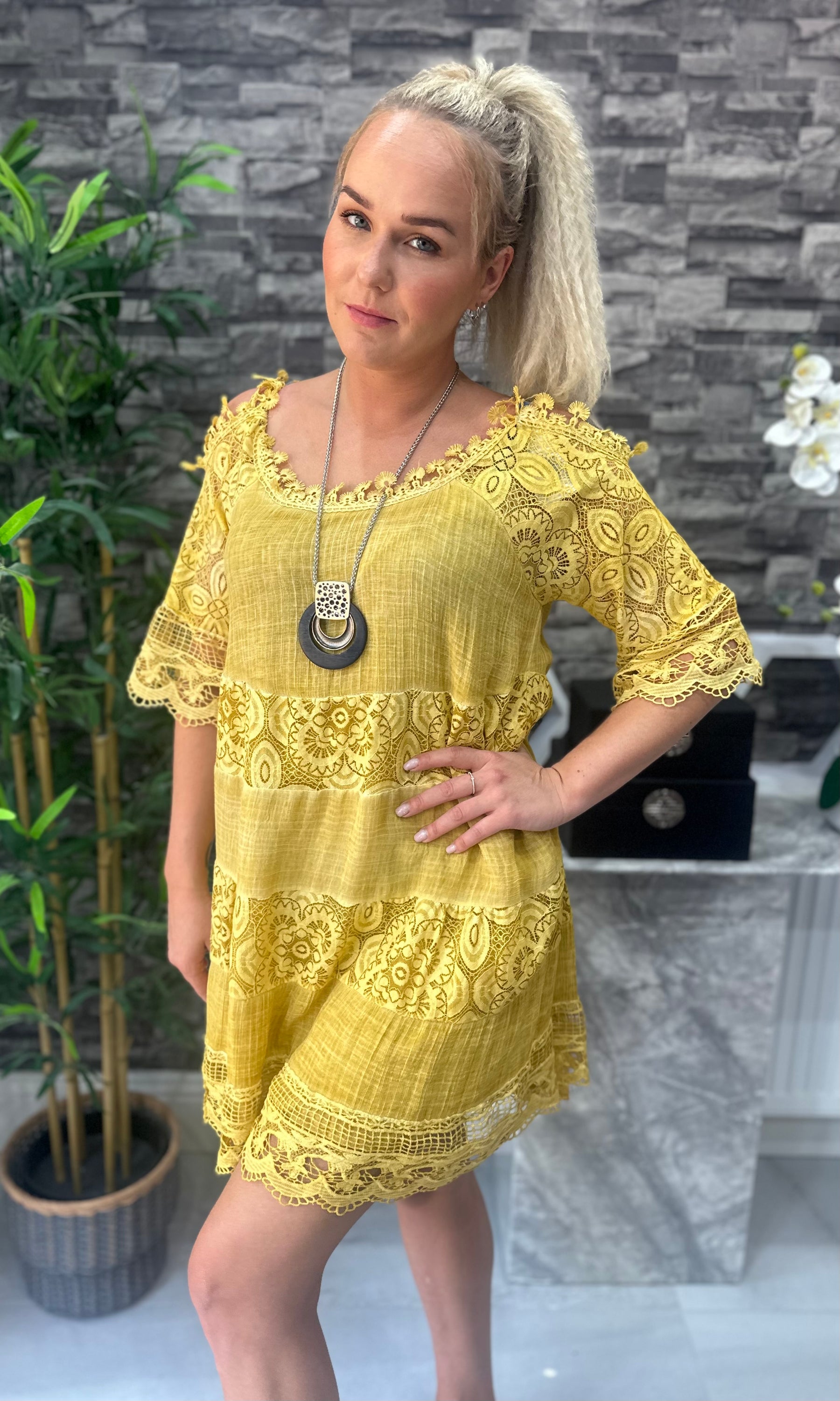 Made In Italy Ella Crotchet Cold Shoulder Tunic - Mustard