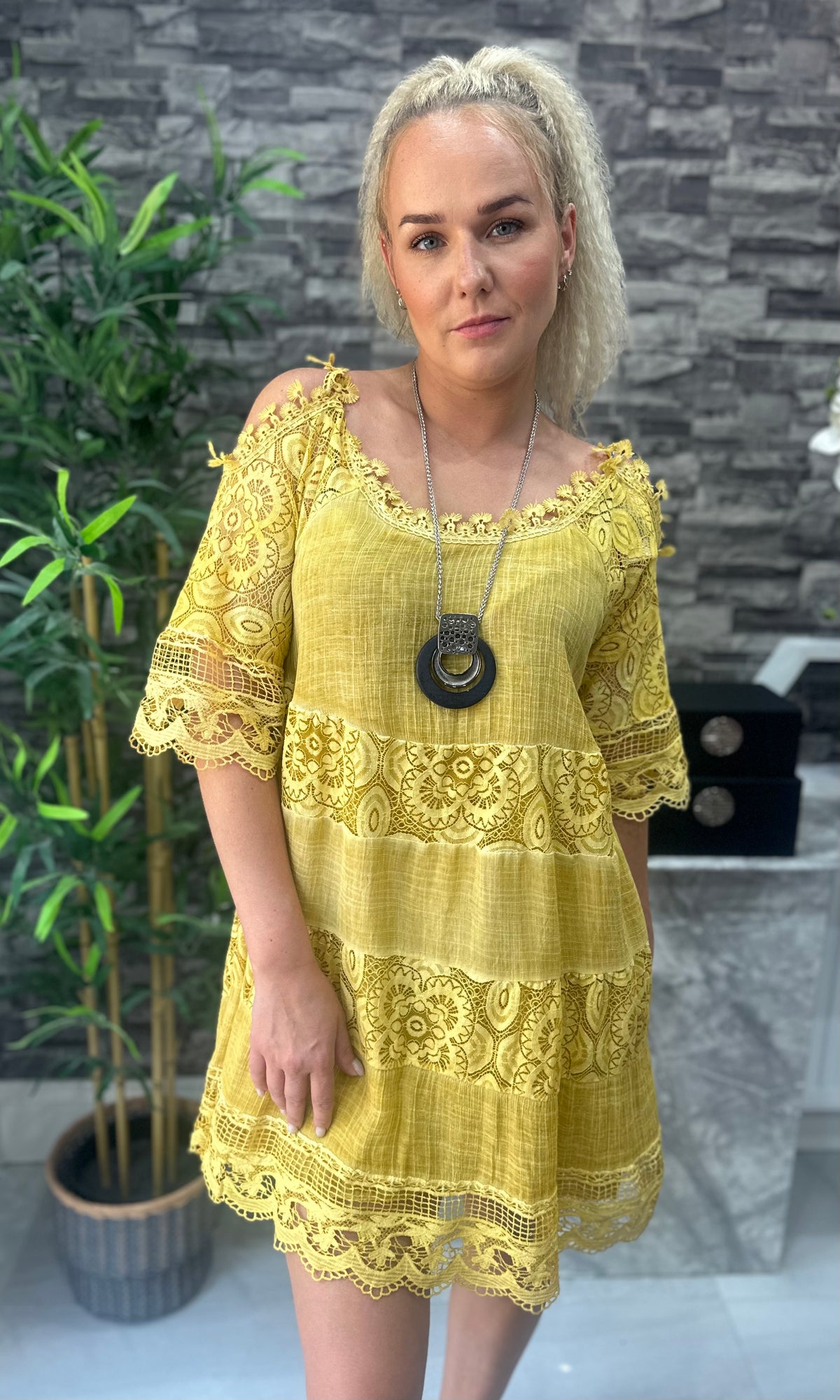 Made In Italy Ella Crotchet Cold Shoulder Tunic - Mustard