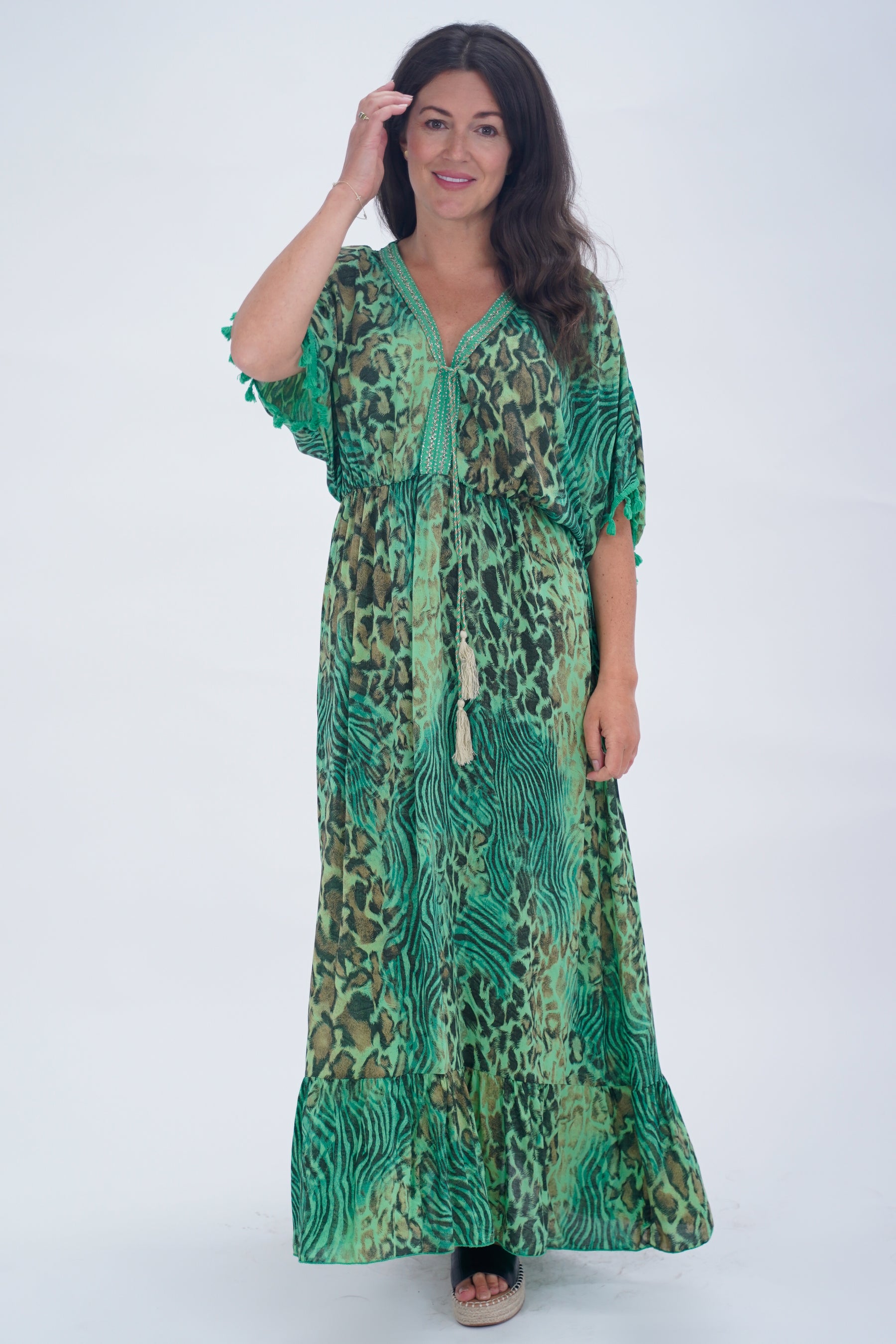 Made In Italy Amalfi Animal Print Tie Detail Dress - Green