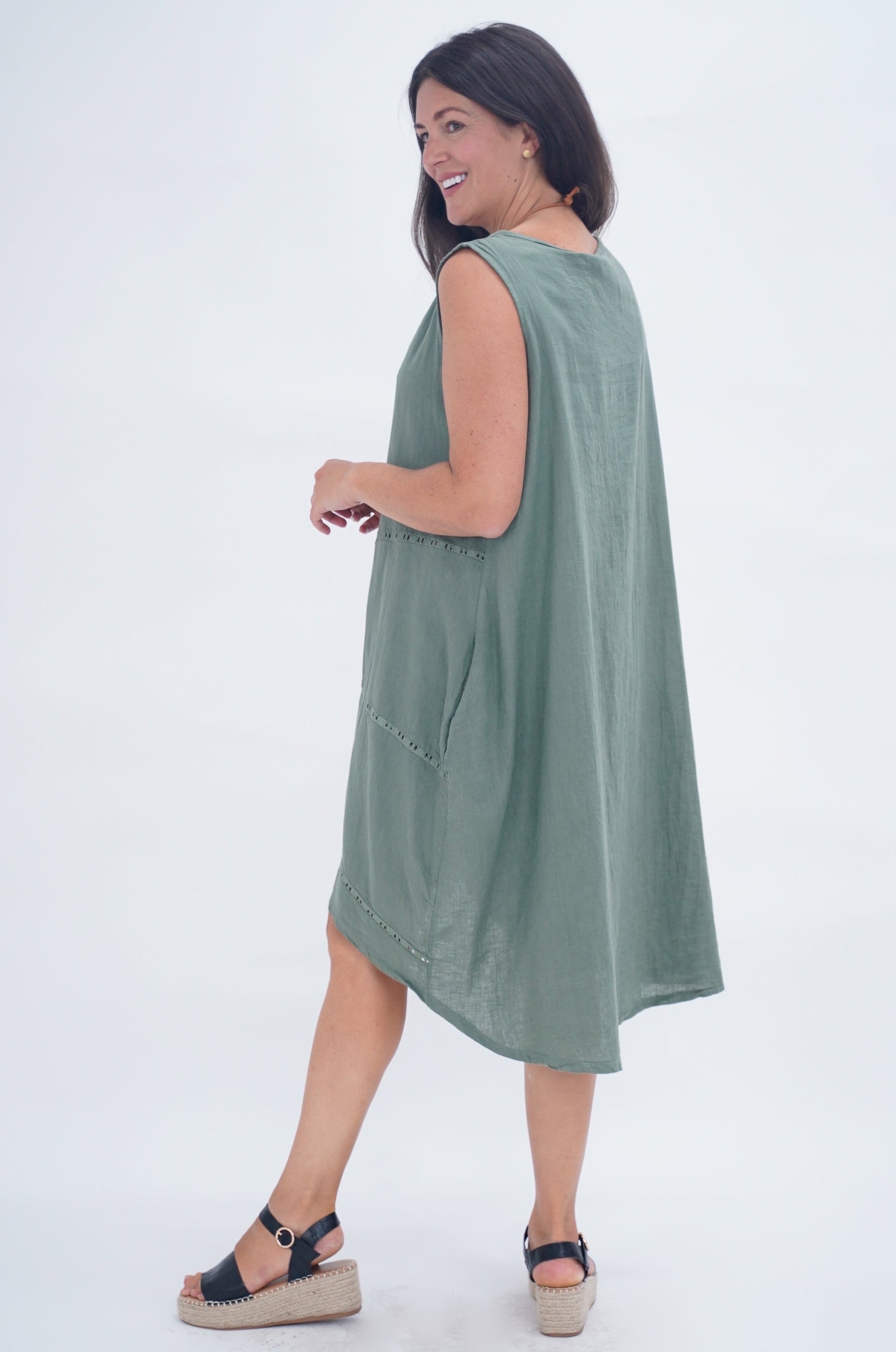 Made In Italy Emily Linen Eyelet Pocket Dress