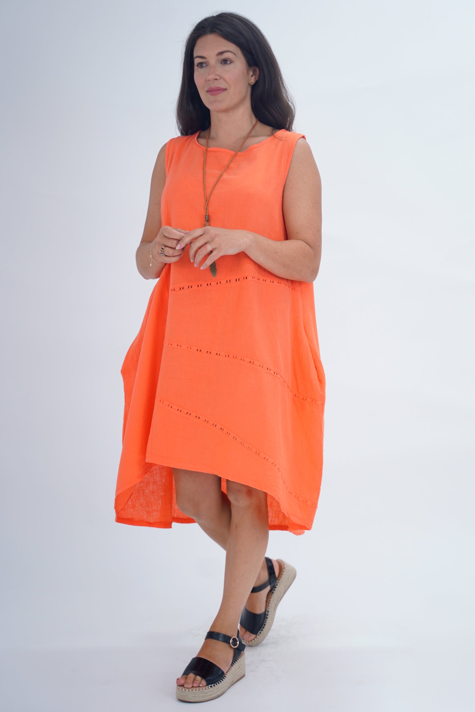 Made In Italy Emily Linen Eyelet Pocket Dress
