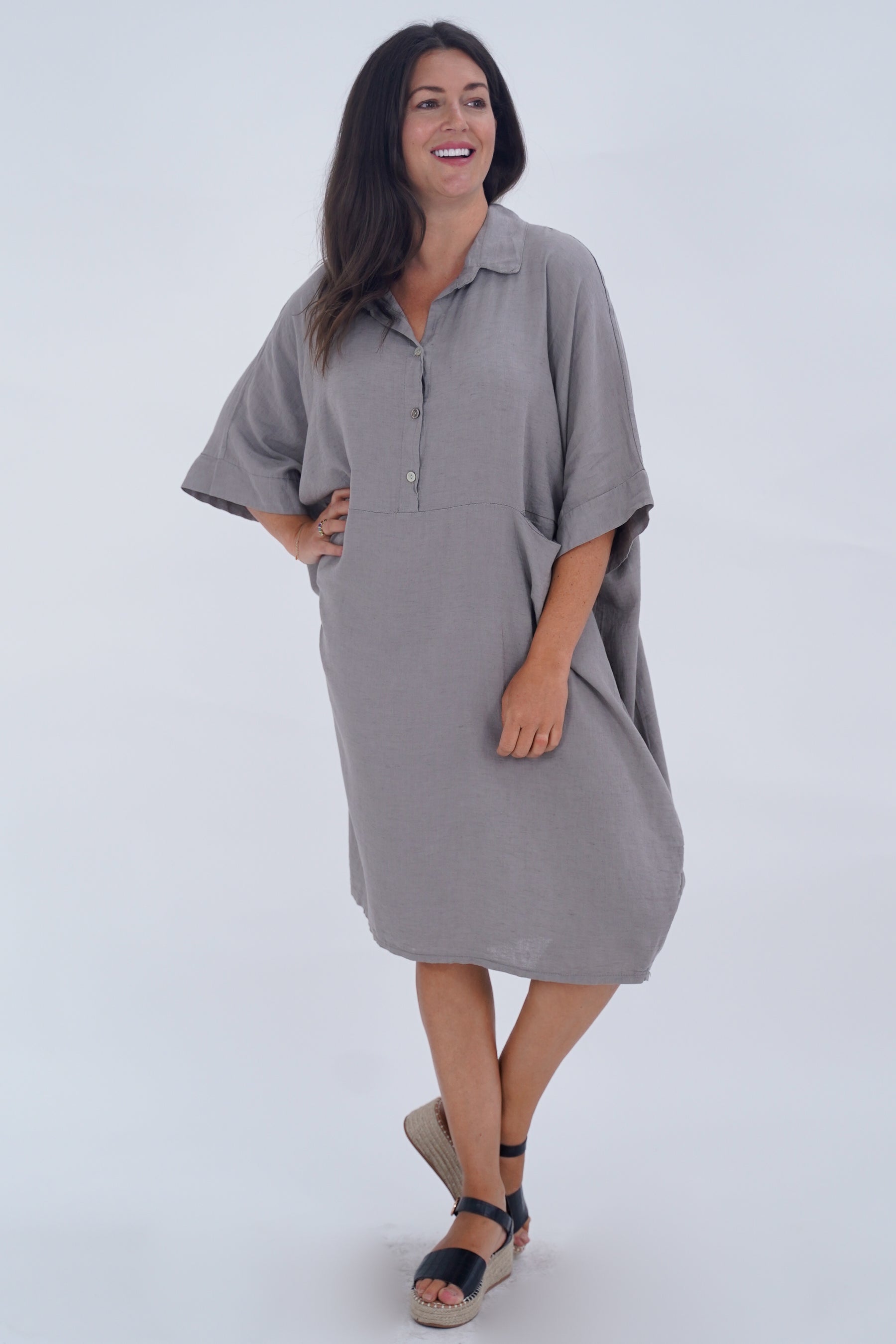 Made In Italy Verona Linen Pocket Dress - Mocha