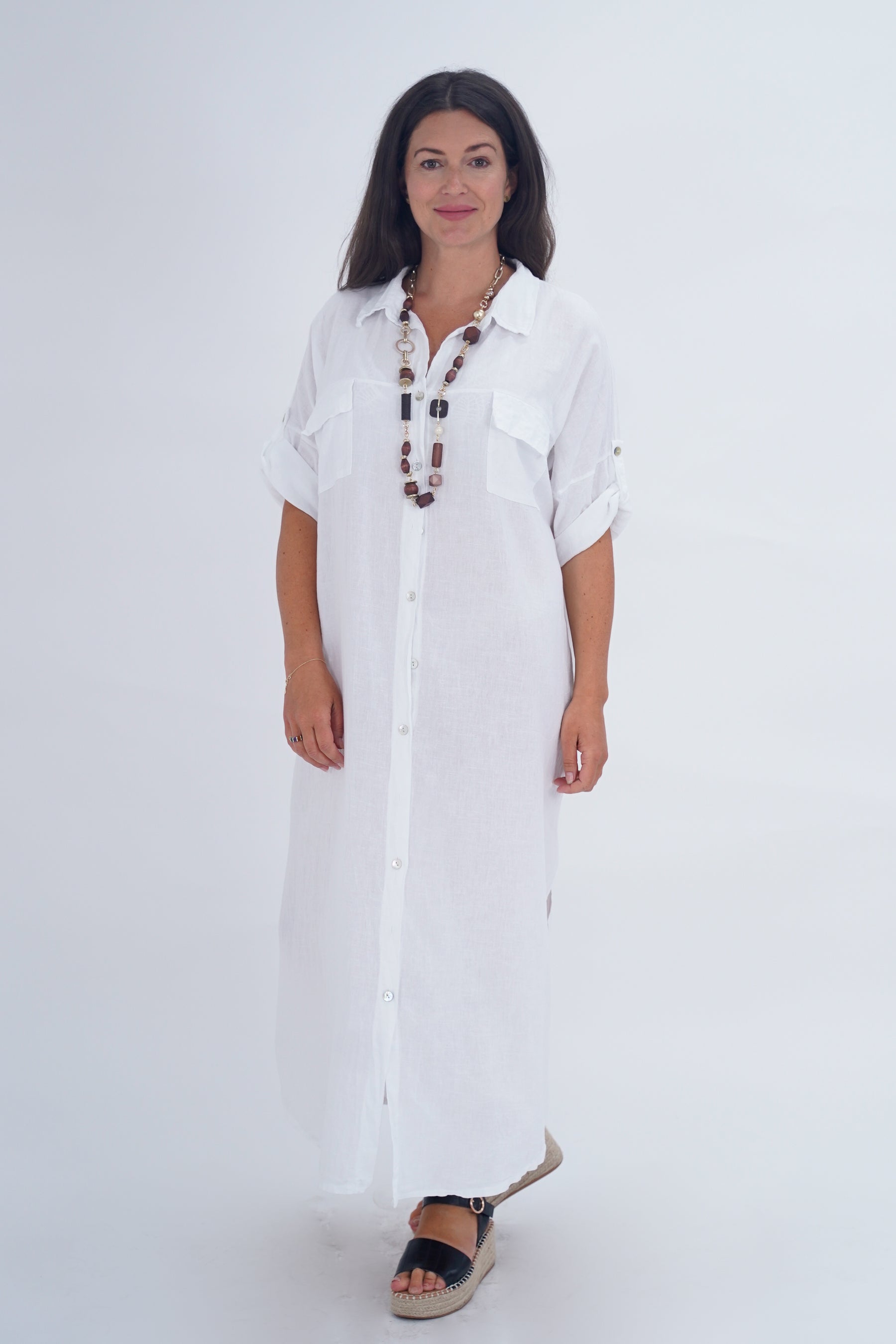 Made In Italy Naples Linen Long Button Dress - White