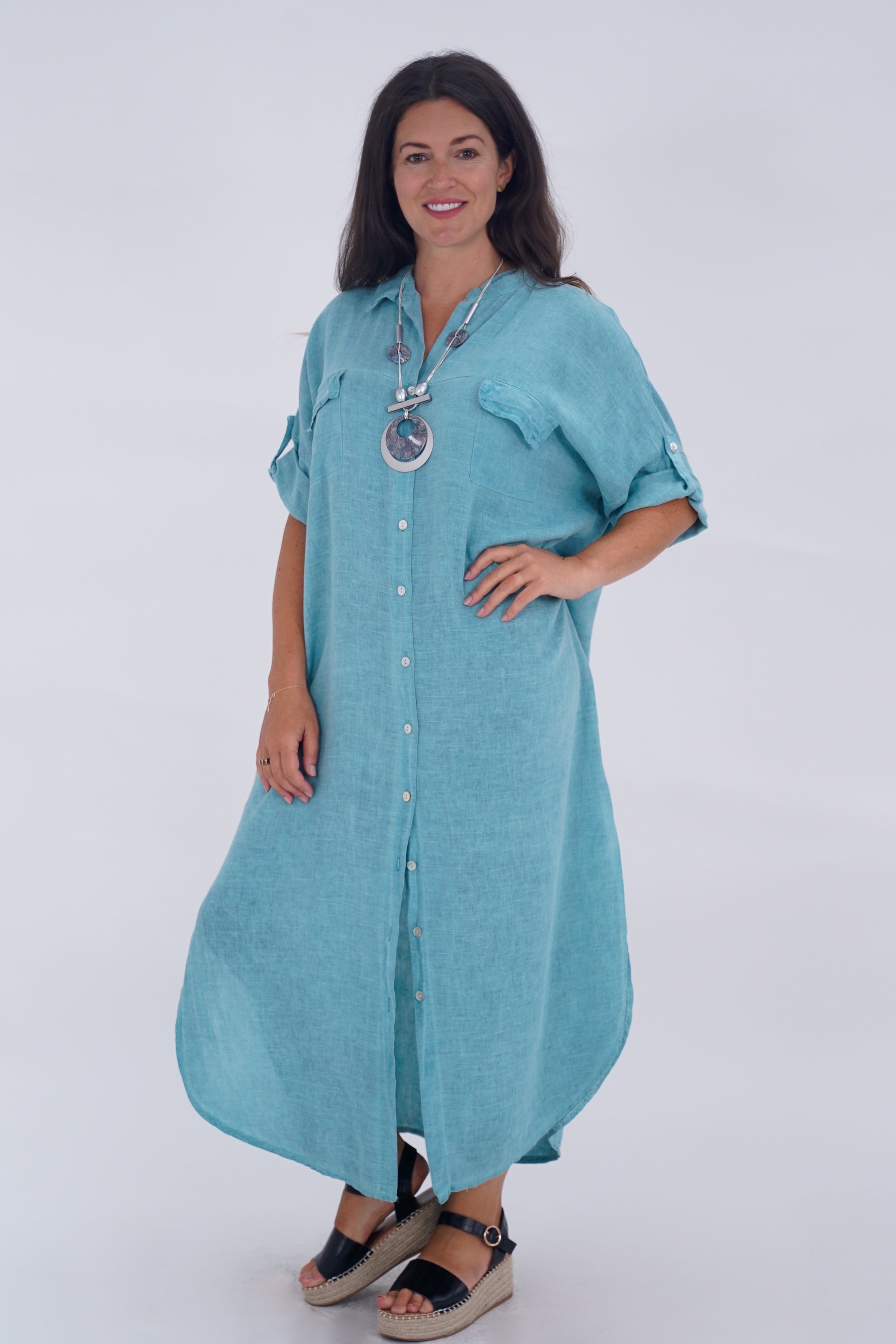Made In Italy Naples Linen Long Button Dress