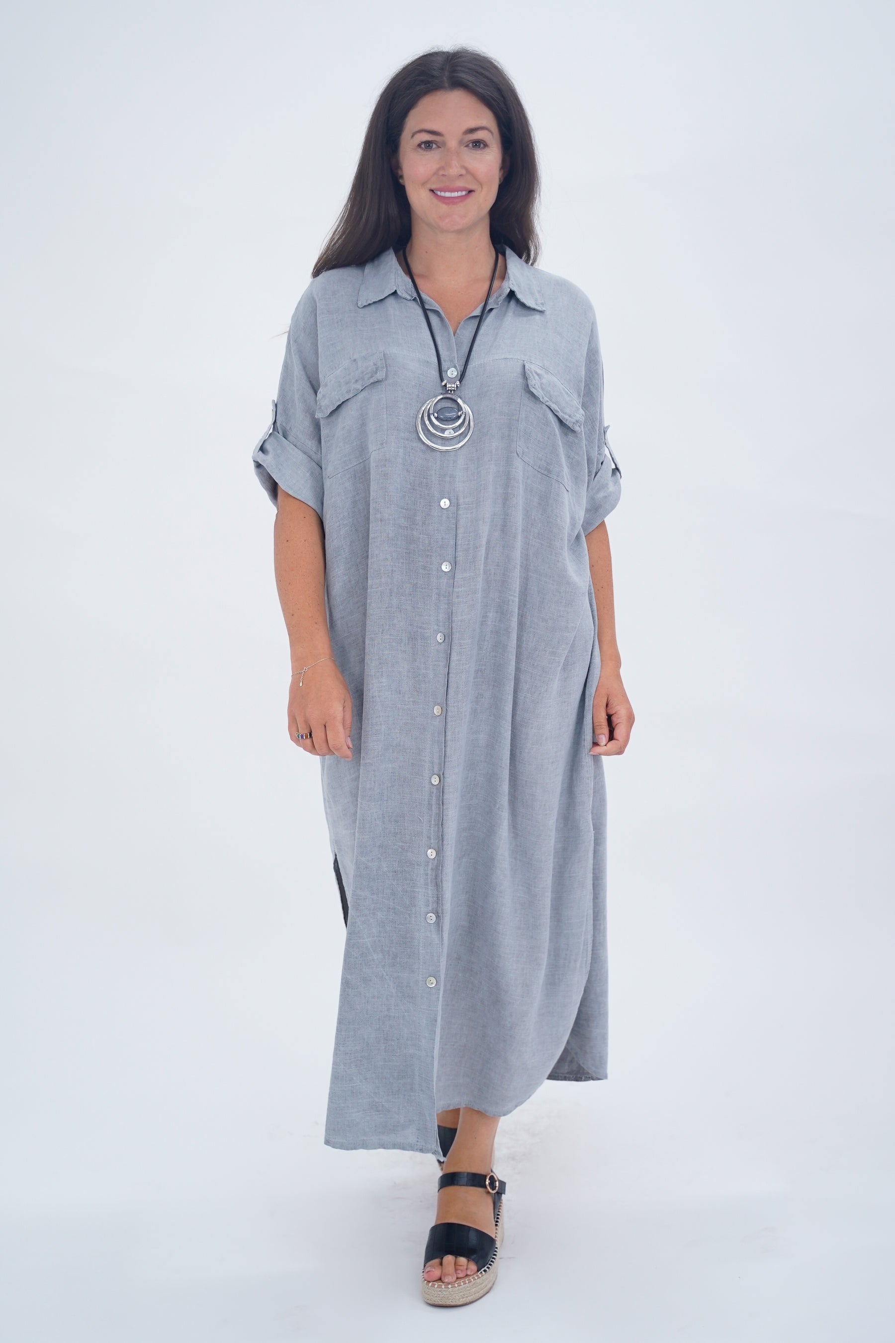 Made In Italy Naples Linen Long Button Dress - Grey