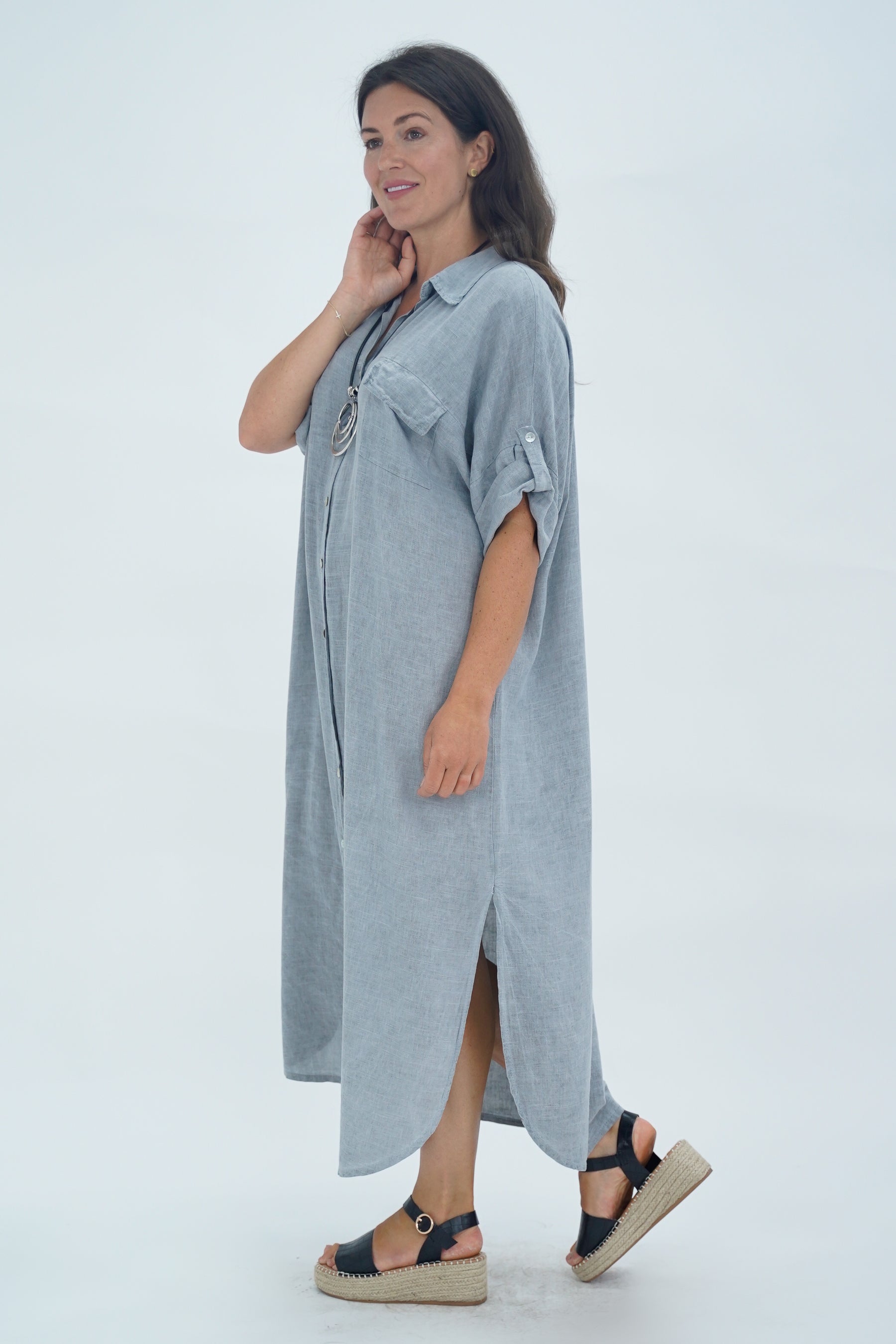 Made In Italy Naples Linen Long Button Dress