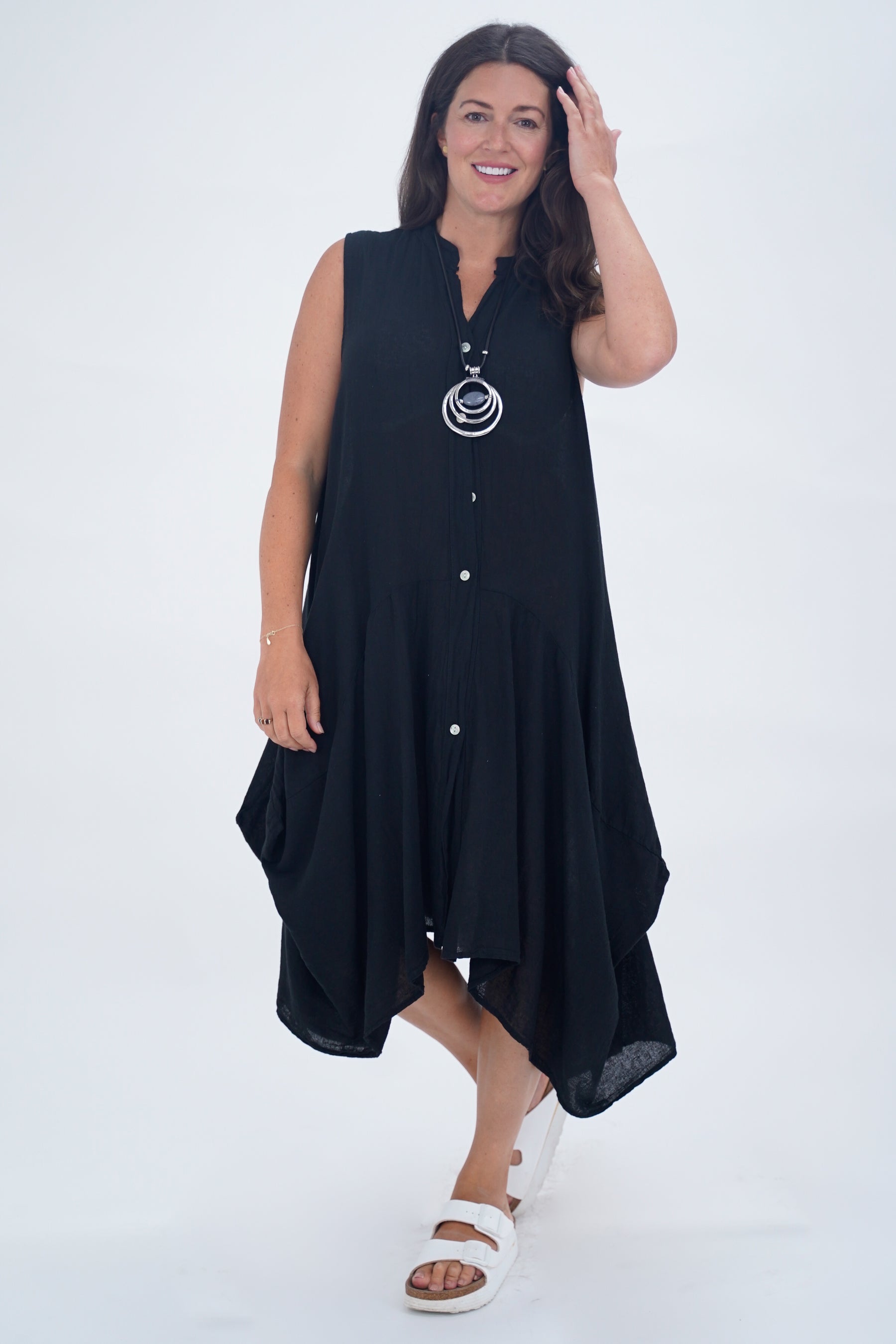 Made In Italy Elice Linen Asymmetric Button Dress