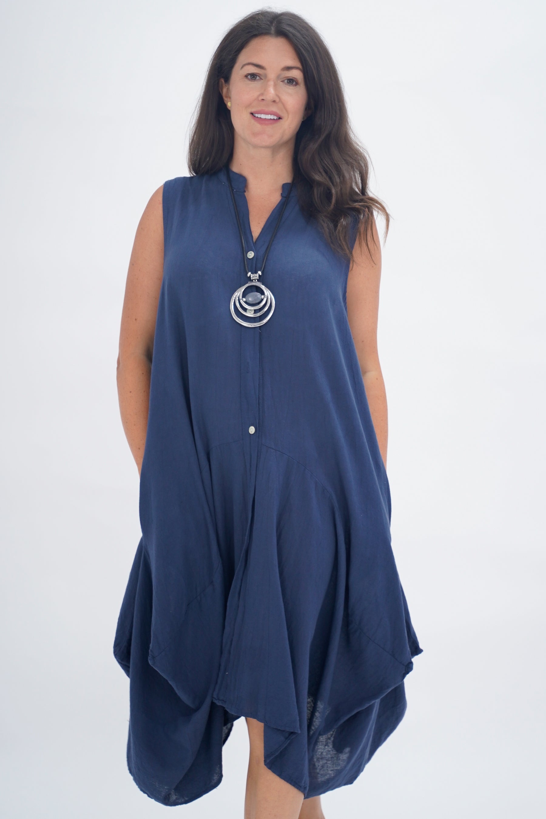 Made In Italy Elice Linen Asymmetric Button Dress