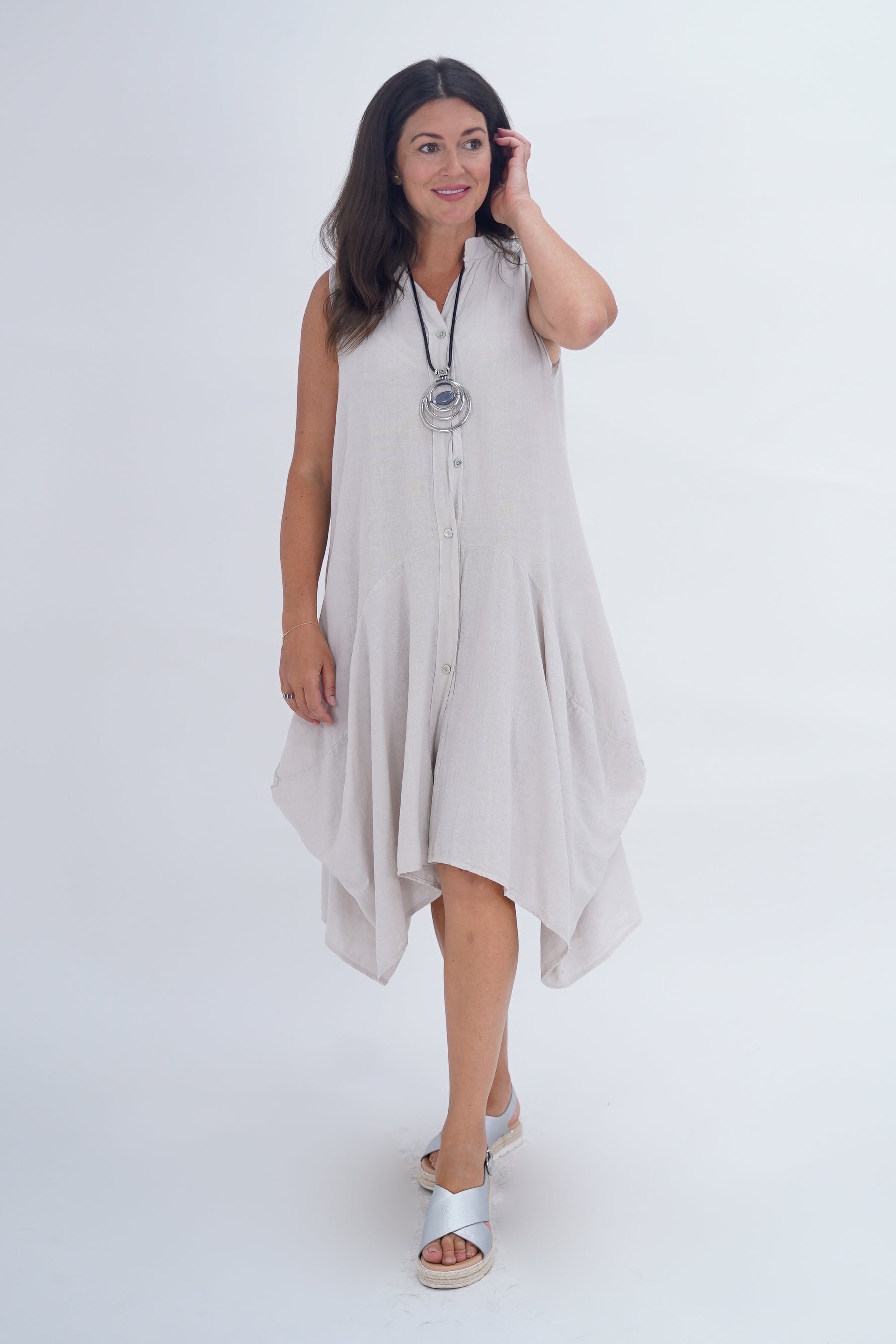 Made In Italy Elice Linen Asymmetric Button Dress
