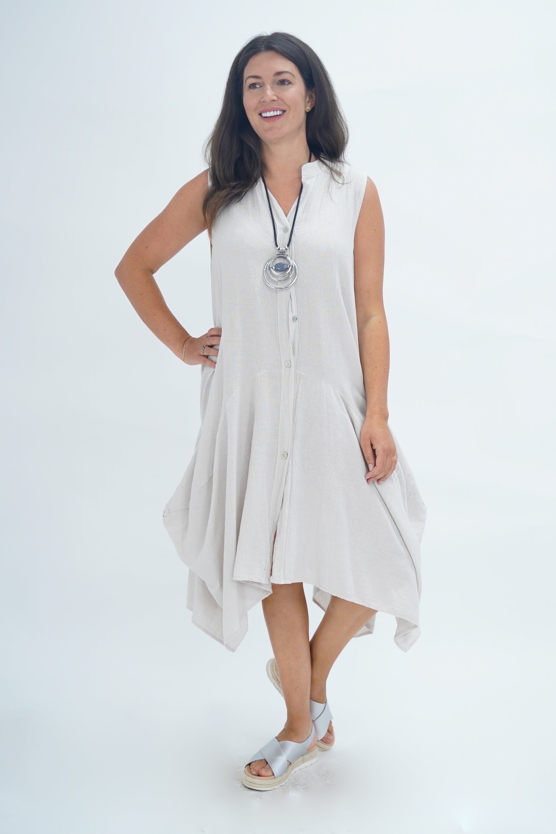 Made In Italy Elice Linen Asymmetric Button Dress - Beige