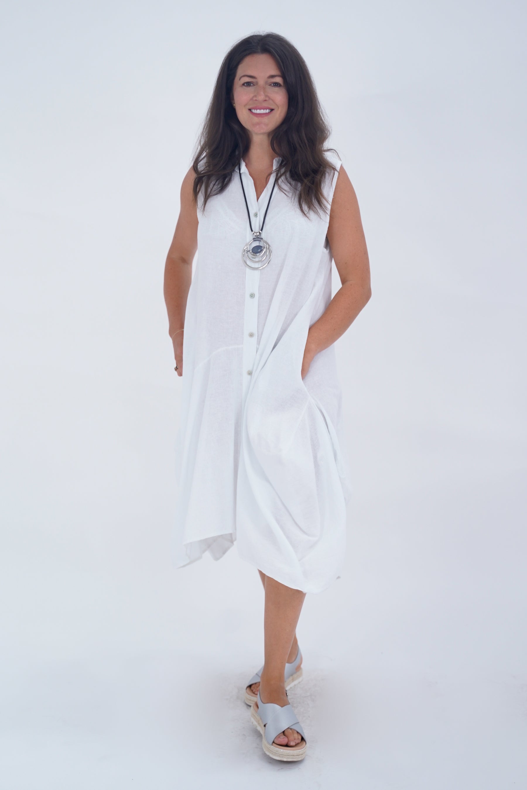 Made In Italy Elice Linen Asymmetric Button Dress