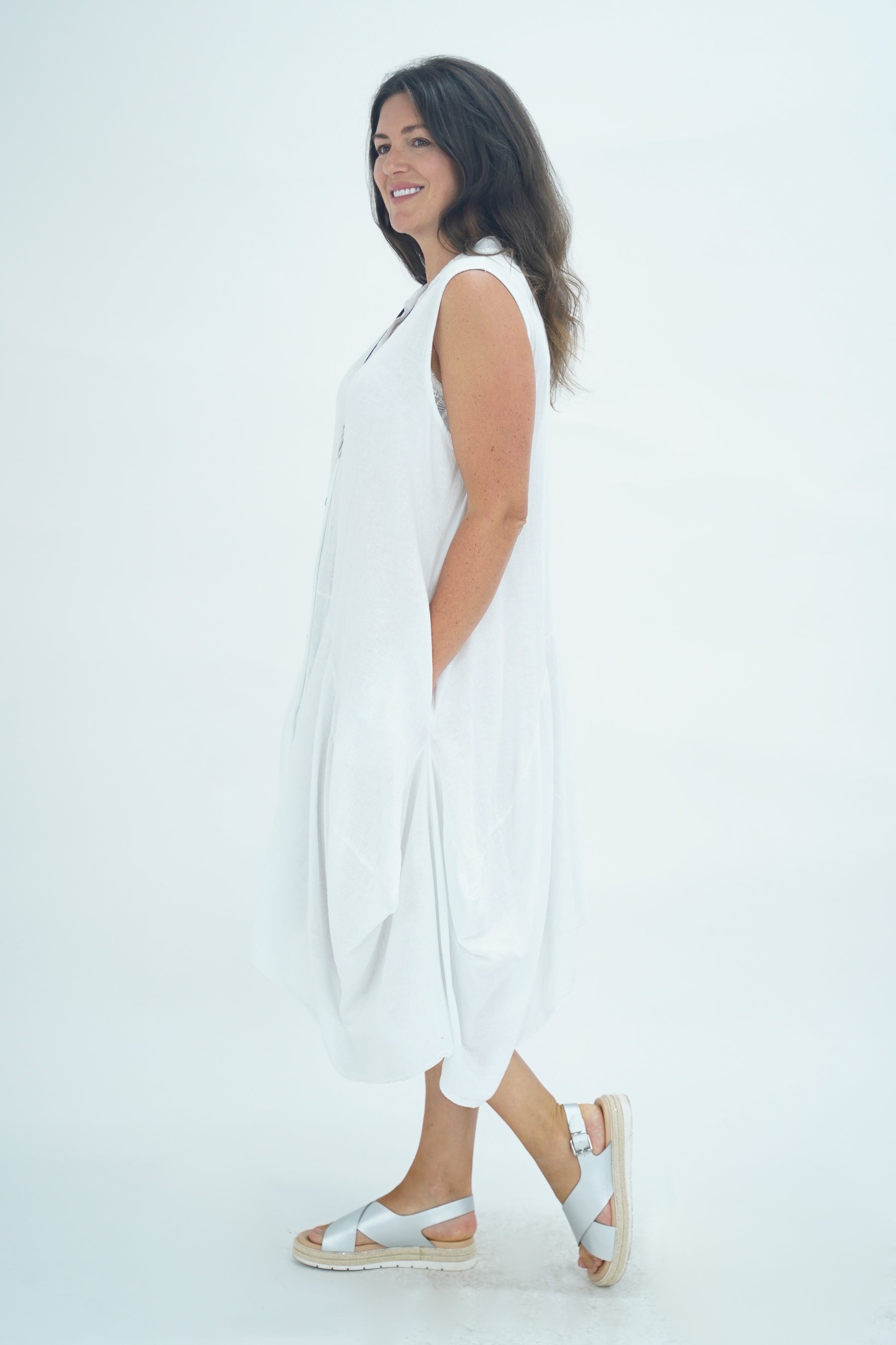 Made In Italy Elice Linen Asymmetric Button Dress