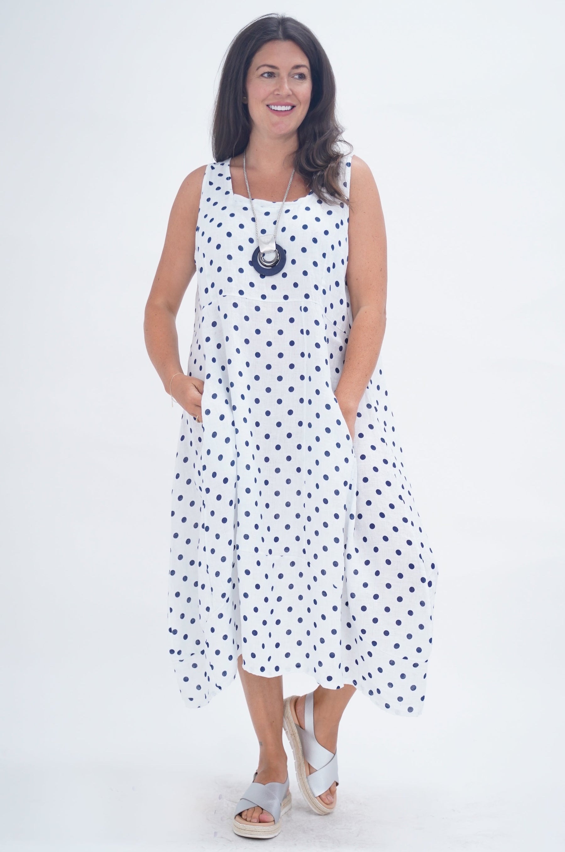 Made In Italy Lazio Polka Dot Linen Dress - White