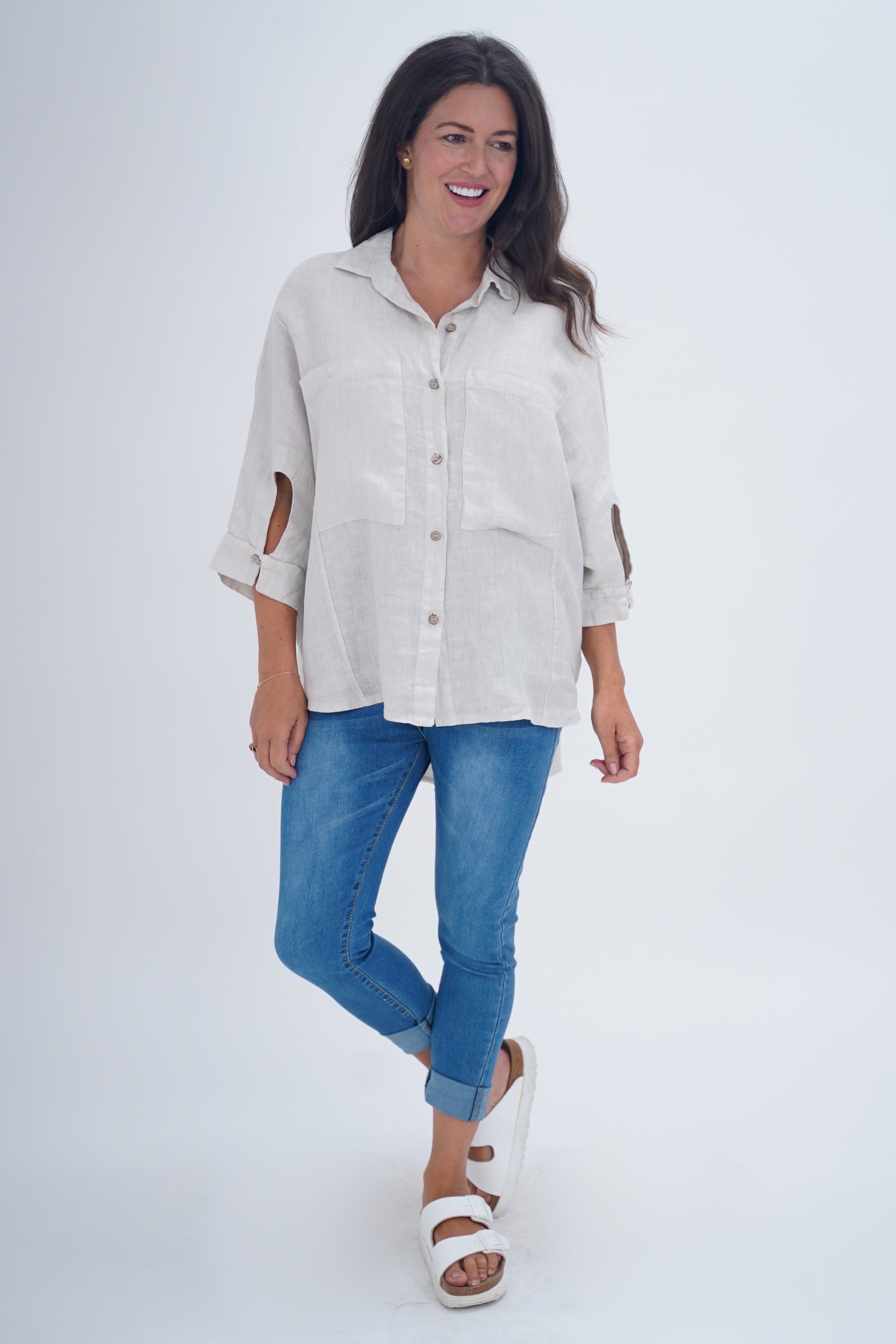 Made In Italy Milan Linen Button Shirt Top - Beige