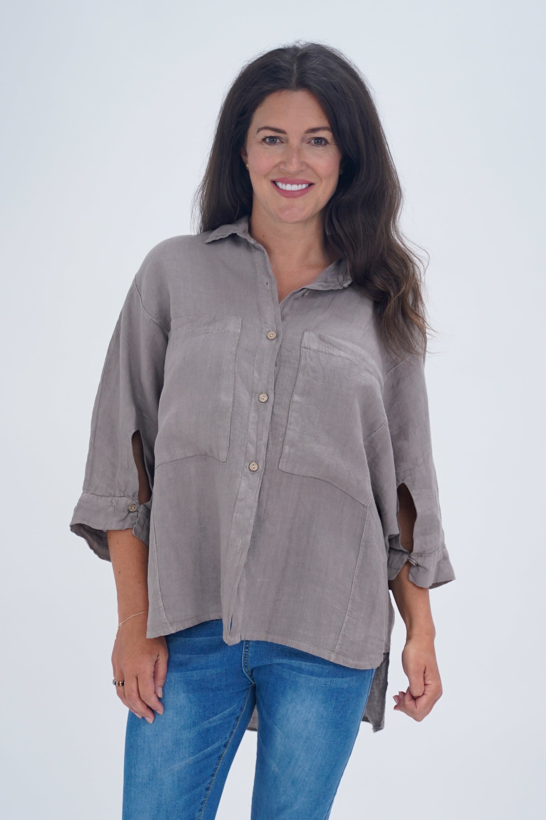 Made In Italy Milan Linen Button Shirt Top - Mocha
