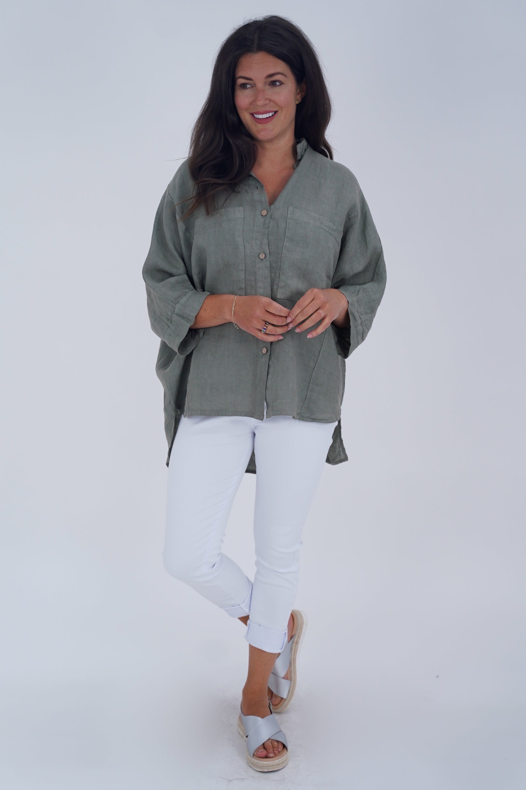 Made In Italy Milan Linen Button Shirt Top - Khaki Green