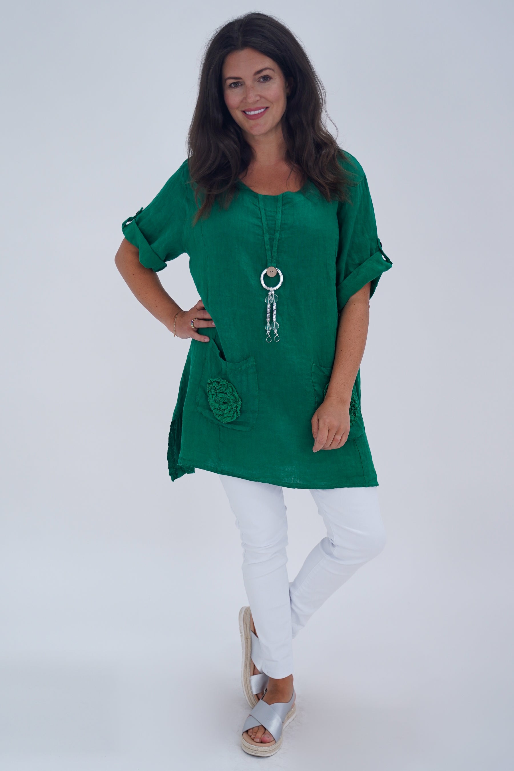 Made In Italy Venice Linen Pendant Tunic Top - Emerald Green