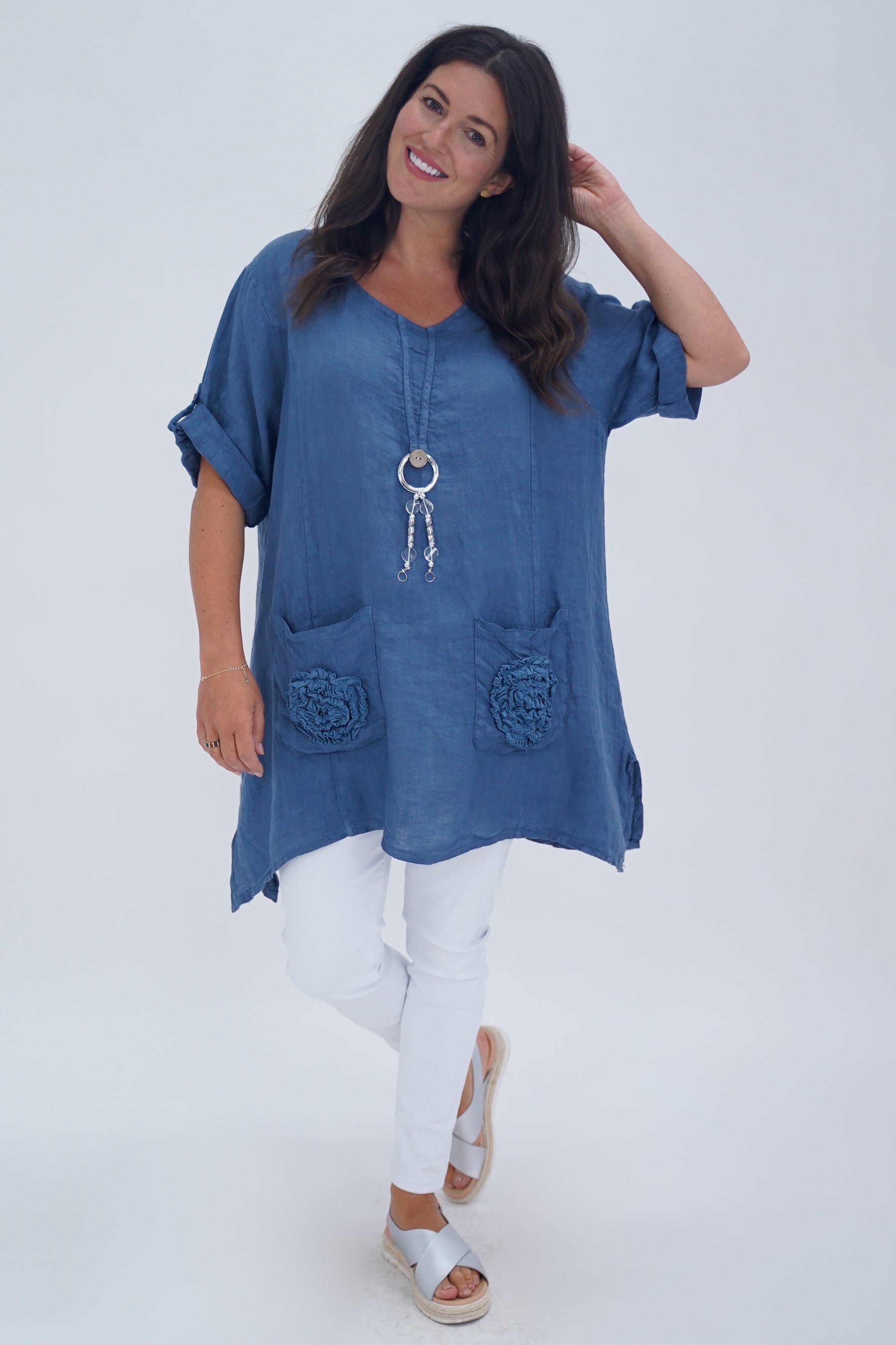 Made In Italy Venice Linen Pendant Tunic Top - Denim Blue