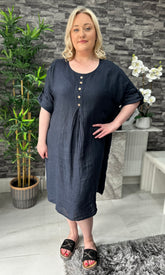 Made In Italy Maddie Linen Pocket Button Dress - Navy Blue