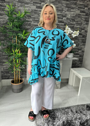 Made In Italy Kelly Printed Frill Top - Aqua Blue