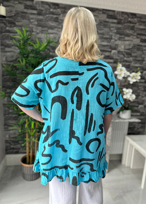 Made In Italy Kelly Printed Frill Top - Aqua Blue