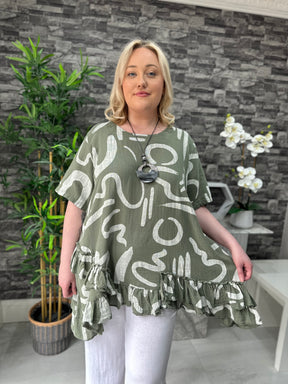 Made In Italy Kelly Printed Frill Top - Khaki Green