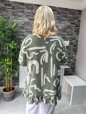 Made In Italy Kelly Printed Frill Top - Khaki Green