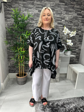 Made In Italy Kelly Printed Frill Top - Black