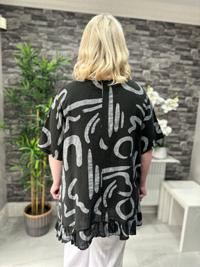 Made In Italy Kelly Printed Frill Top - Black