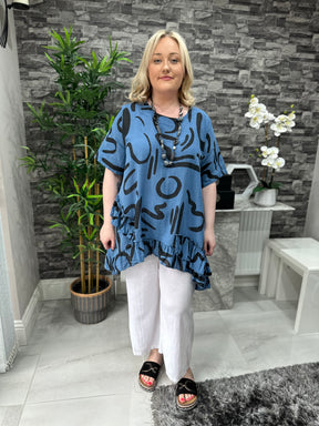 Made In Italy Kelly Printed Frill Top - Denim Blue