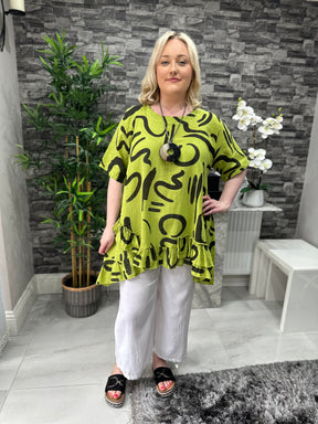 Made In Italy Kelly Printed Frill Top - Lime Green