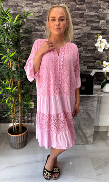 Made In Italy Zoey Crotchet Lace Dress - Pink